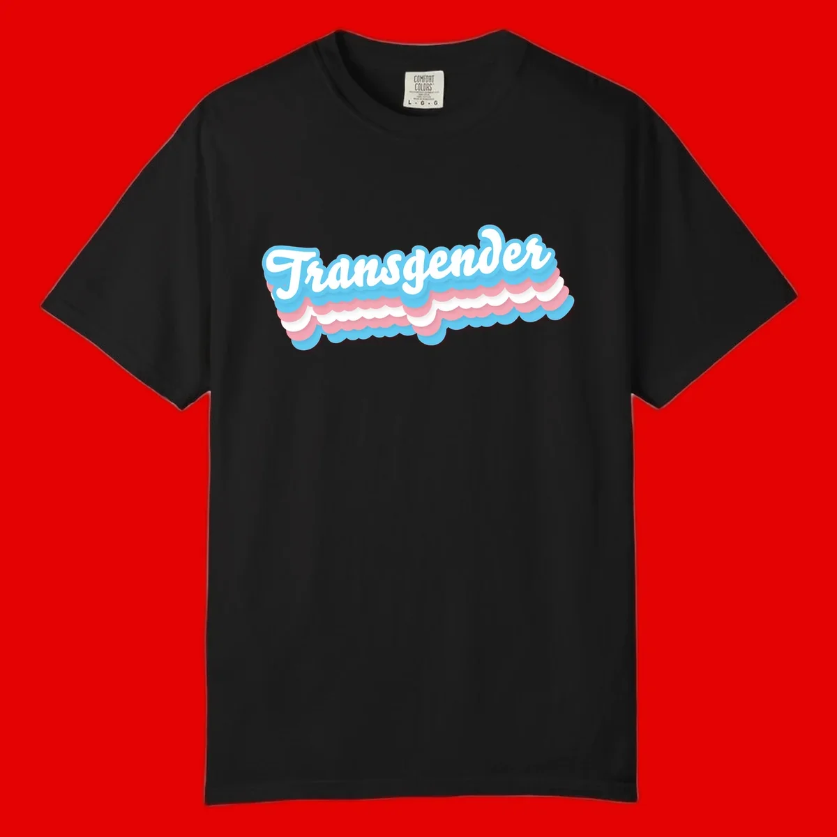 Transgender pride design with white script text surrounded by layered blue, pink, and white scalloped clouds