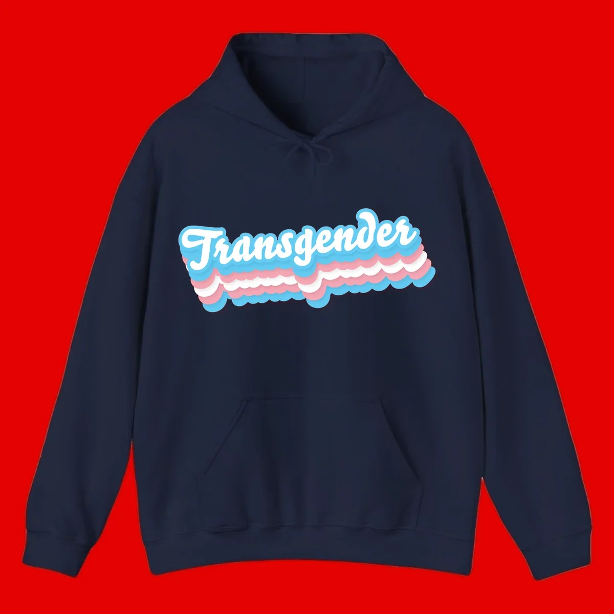 Transgender pride design with white script text surrounded by layered blue, pink, and white scalloped clouds