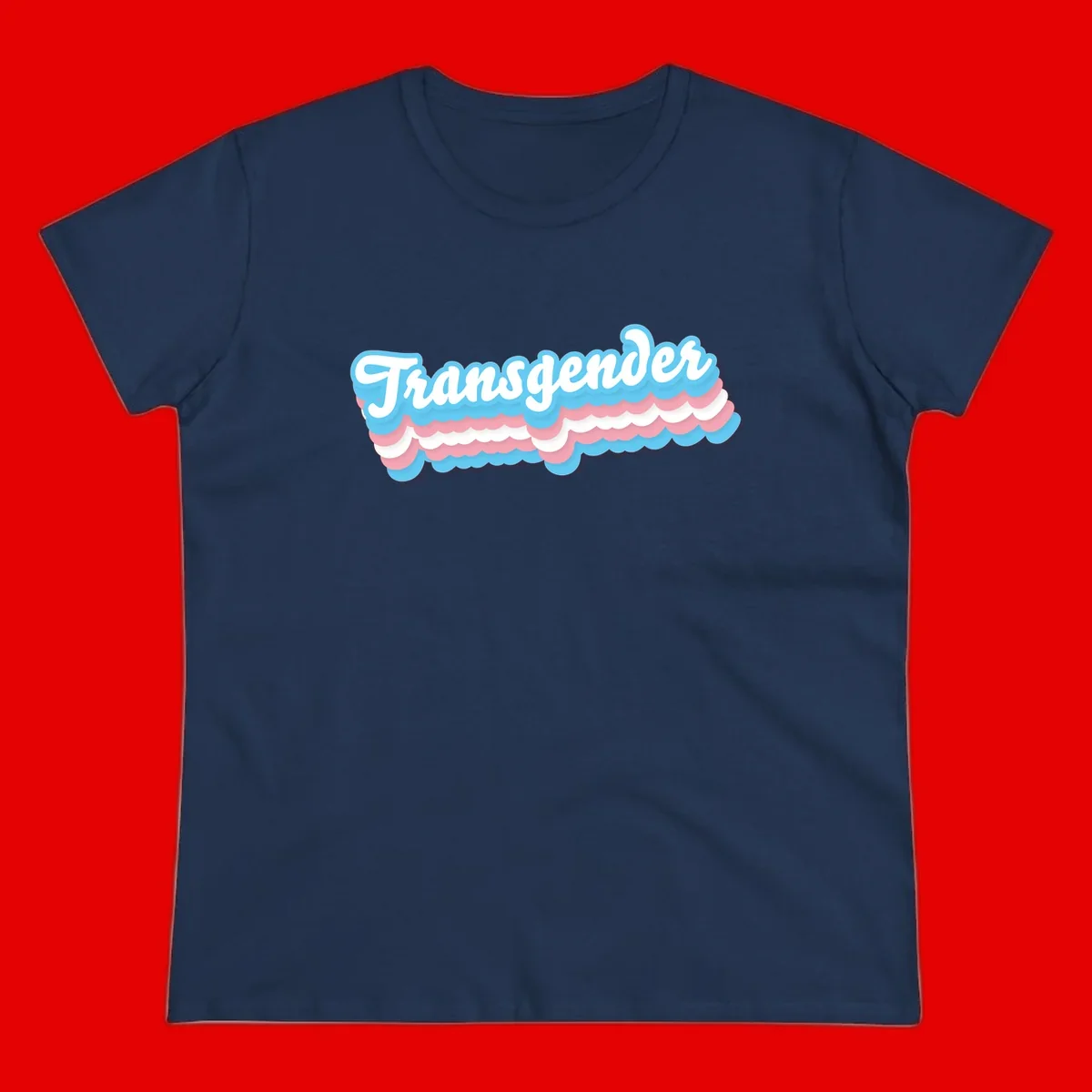 Transgender pride design with white script text surrounded by layered blue, pink, and white scalloped clouds