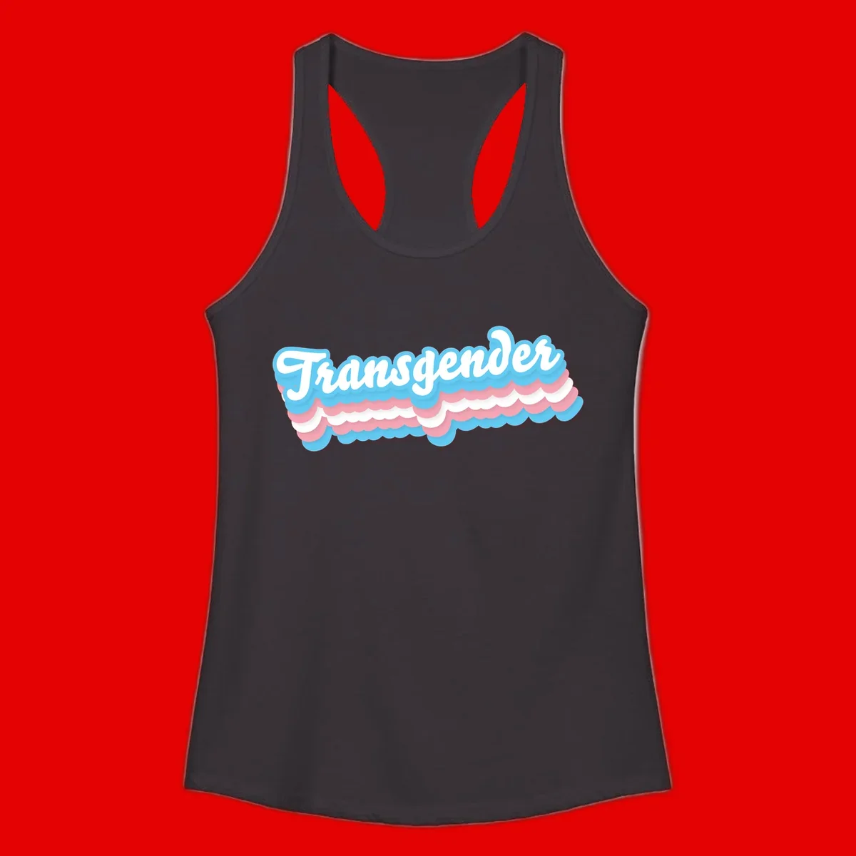 Transgender pride design with white script text surrounded by layered blue, pink, and white scalloped clouds