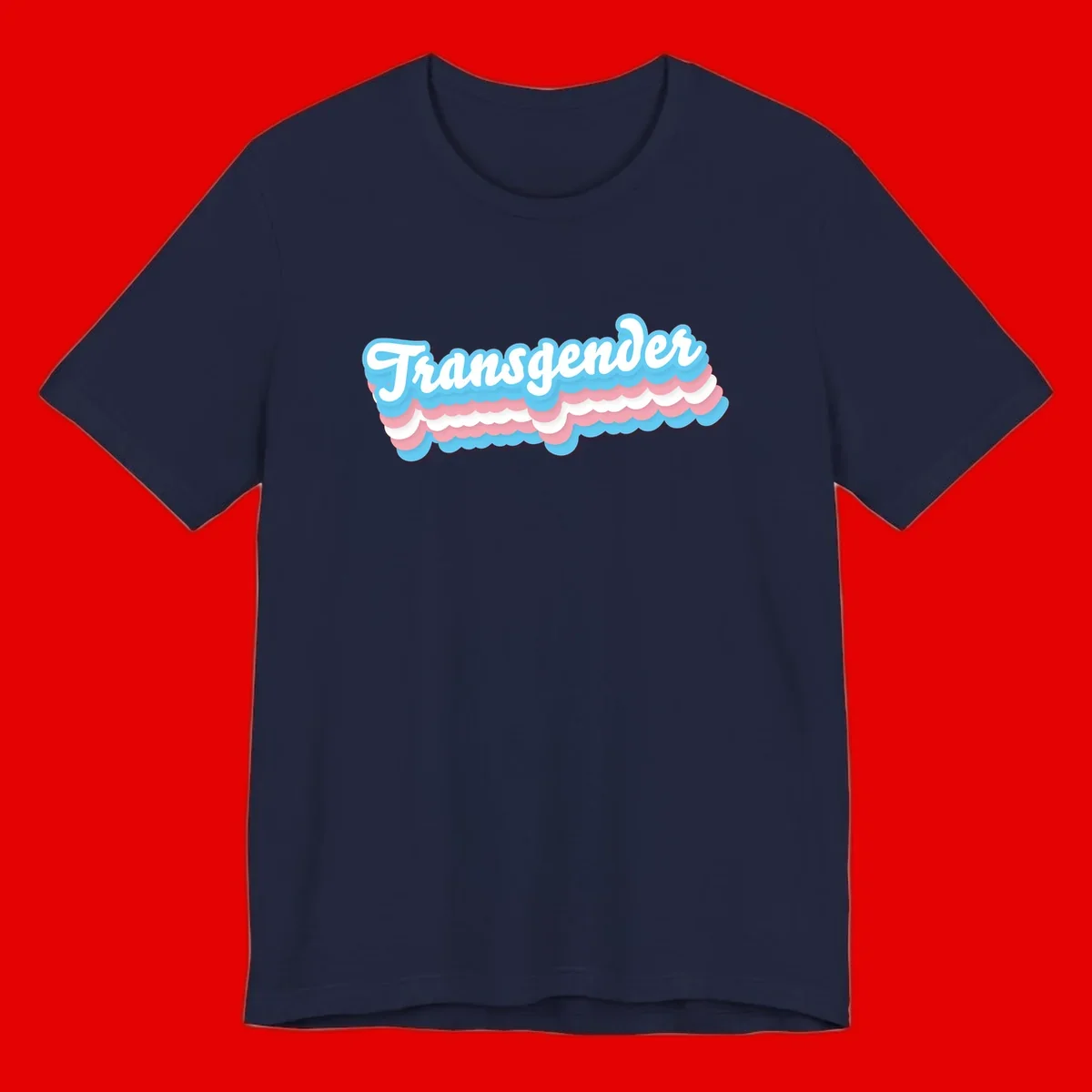 Transgender pride design with white script text surrounded by layered blue, pink, and white scalloped clouds