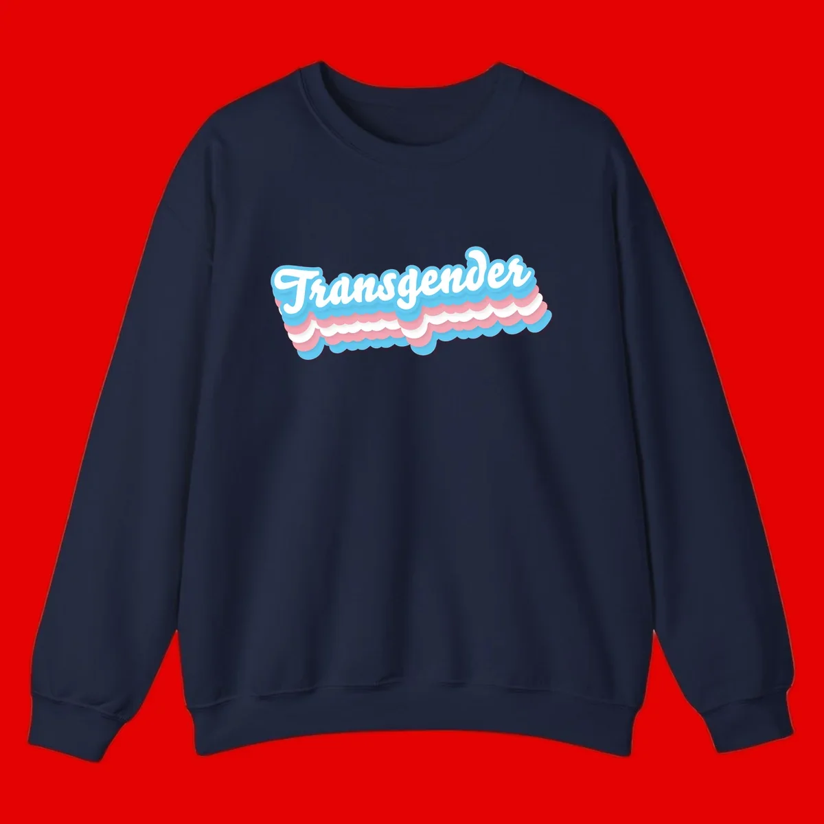 Transgender pride design with white script text surrounded by layered blue, pink, and white scalloped clouds
