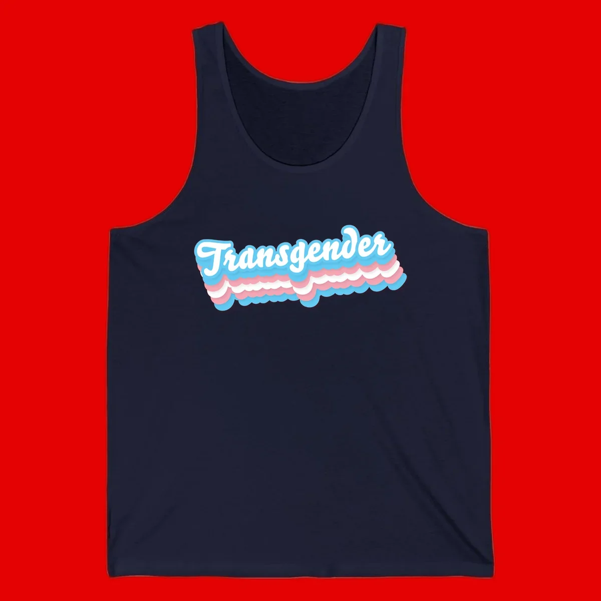 Transgender pride design with white script text surrounded by layered blue, pink, and white scalloped clouds