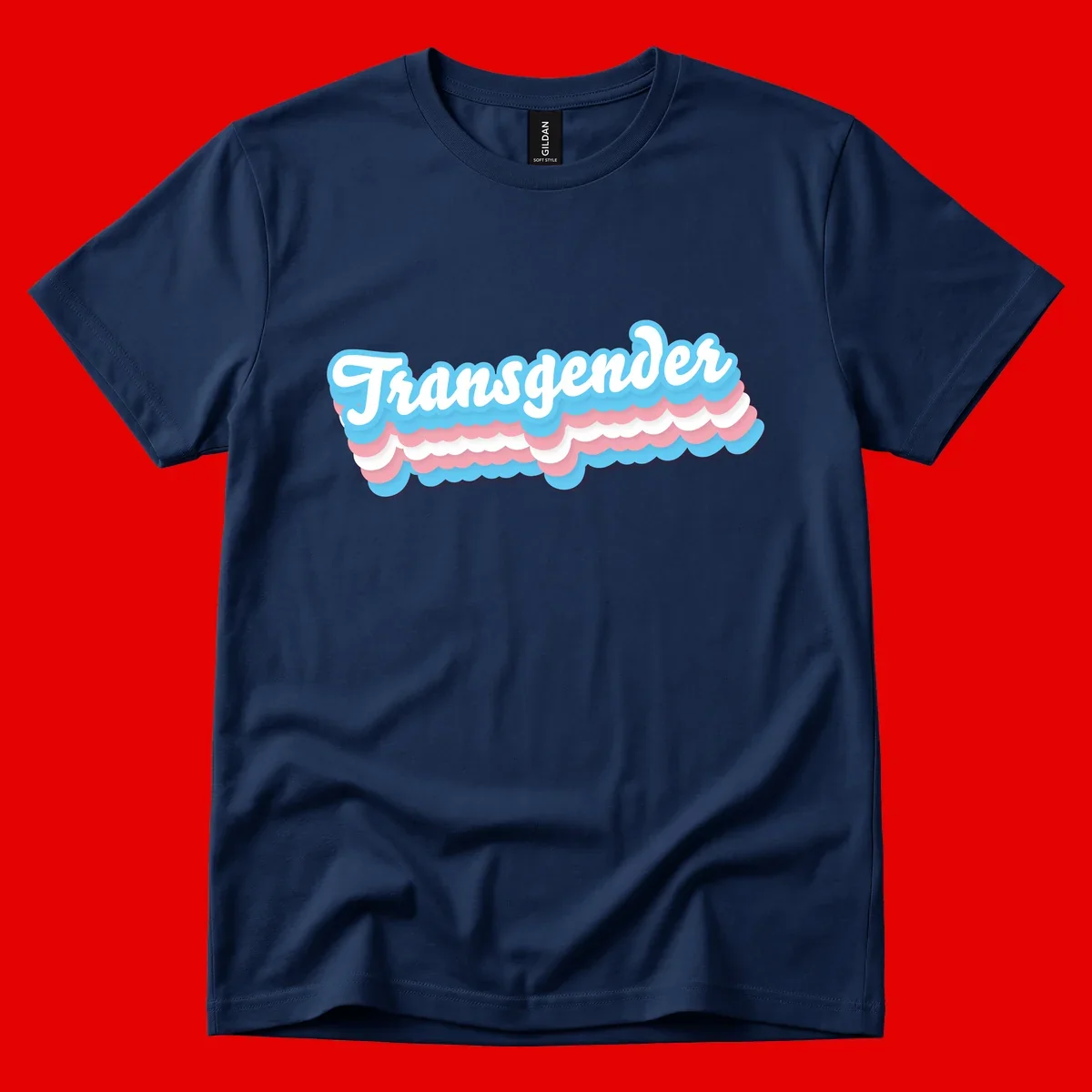 Transgender pride design with white script text surrounded by layered blue, pink, and white scalloped clouds