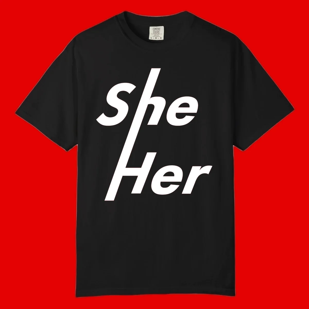 White text reading 'She/Her' with a diagonal forward slash on gray background, pronoun pride design
