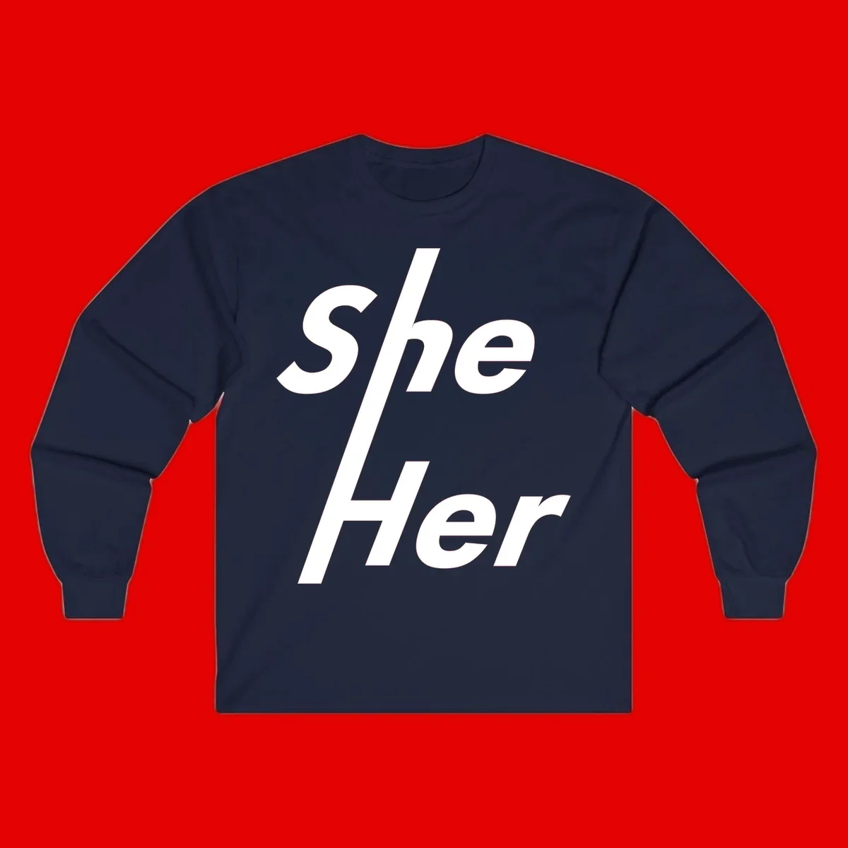 White text reading 'She/Her' with a diagonal forward slash on gray background, pronoun pride design