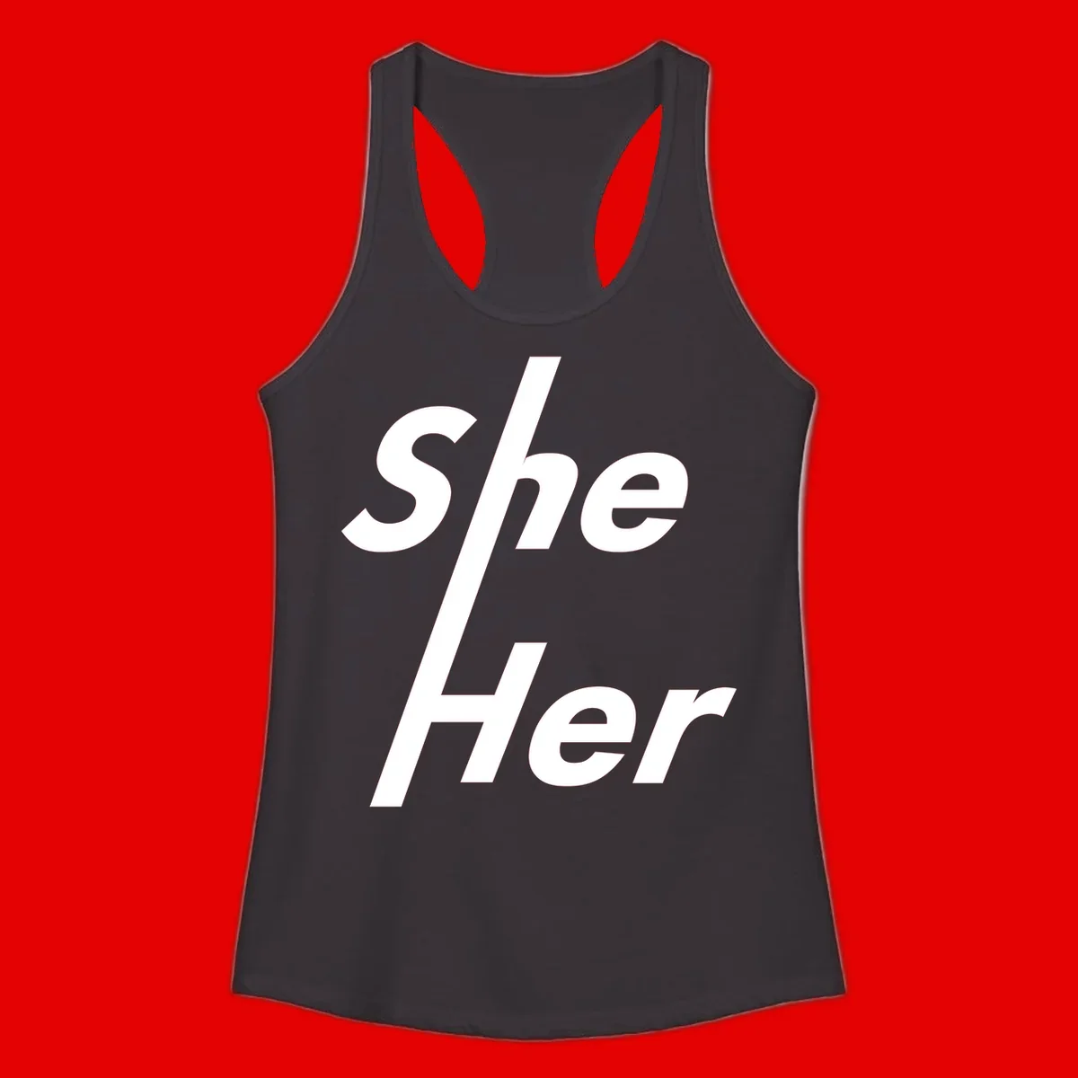 White text reading 'She/Her' with a diagonal forward slash on gray background, pronoun pride design