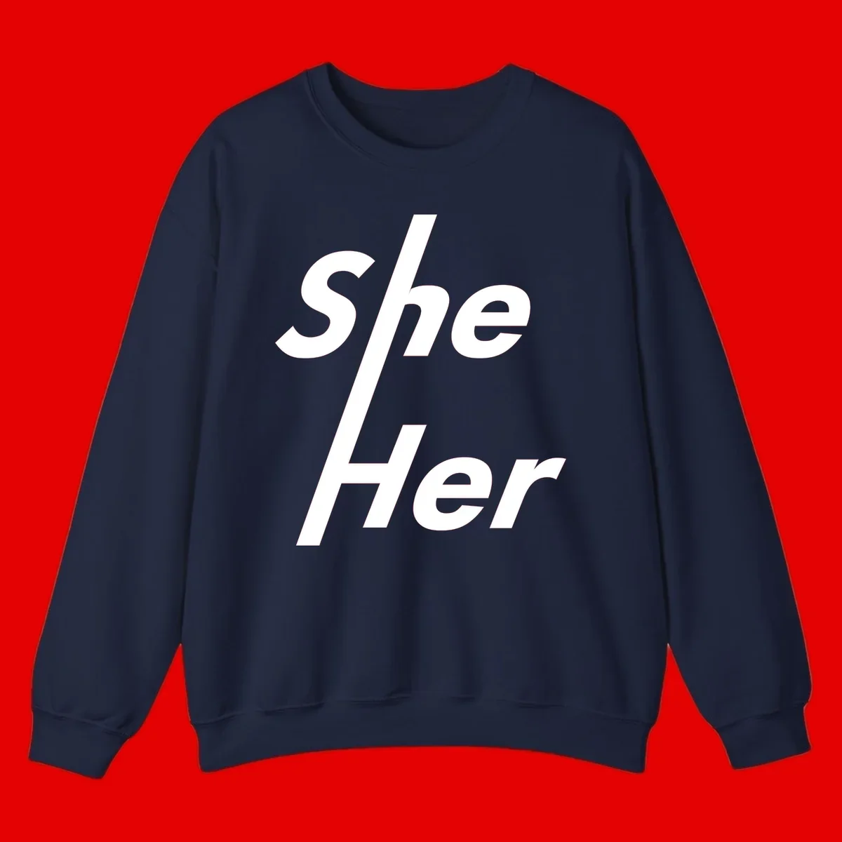 White text reading 'She/Her' with a diagonal forward slash on gray background, pronoun pride design