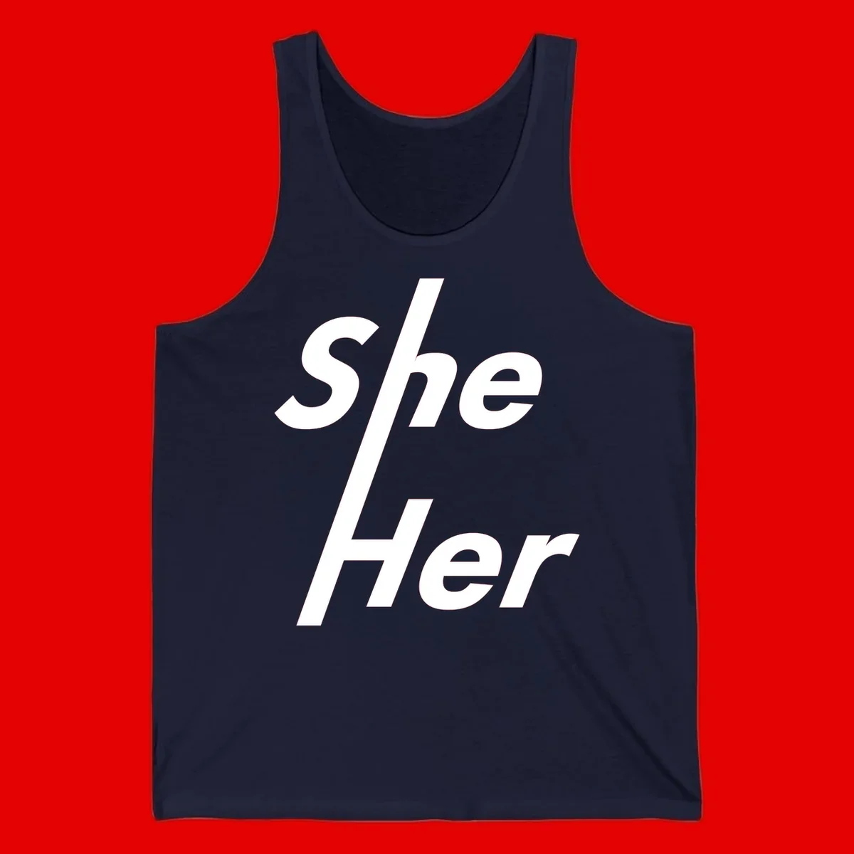 White text reading 'She/Her' with a diagonal forward slash on gray background, pronoun pride design