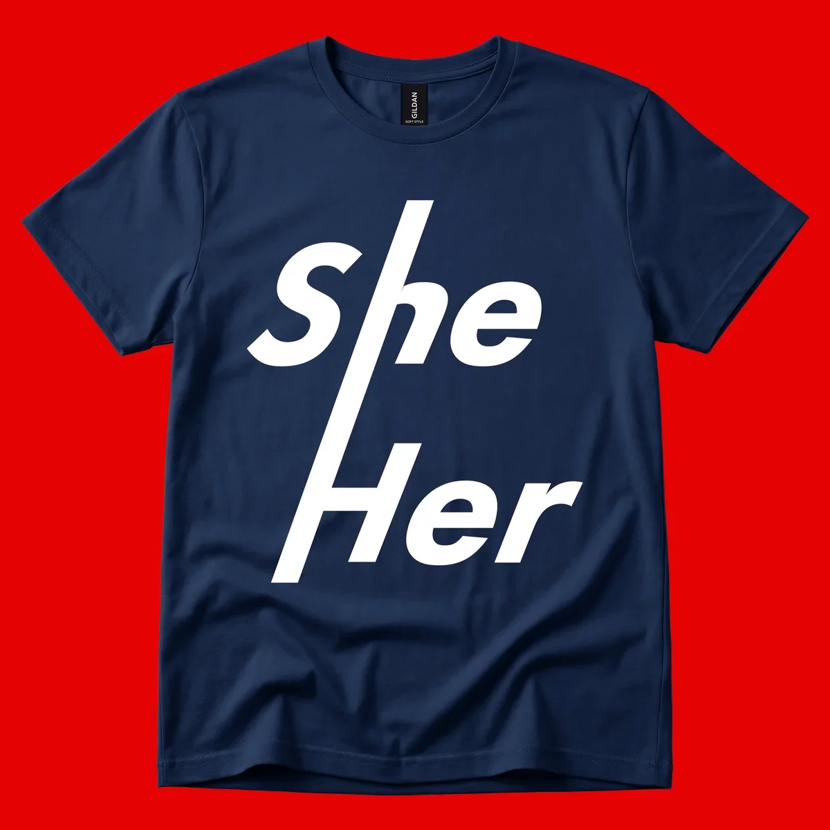 White text reading 'She/Her' with a diagonal forward slash on gray background, pronoun pride design
