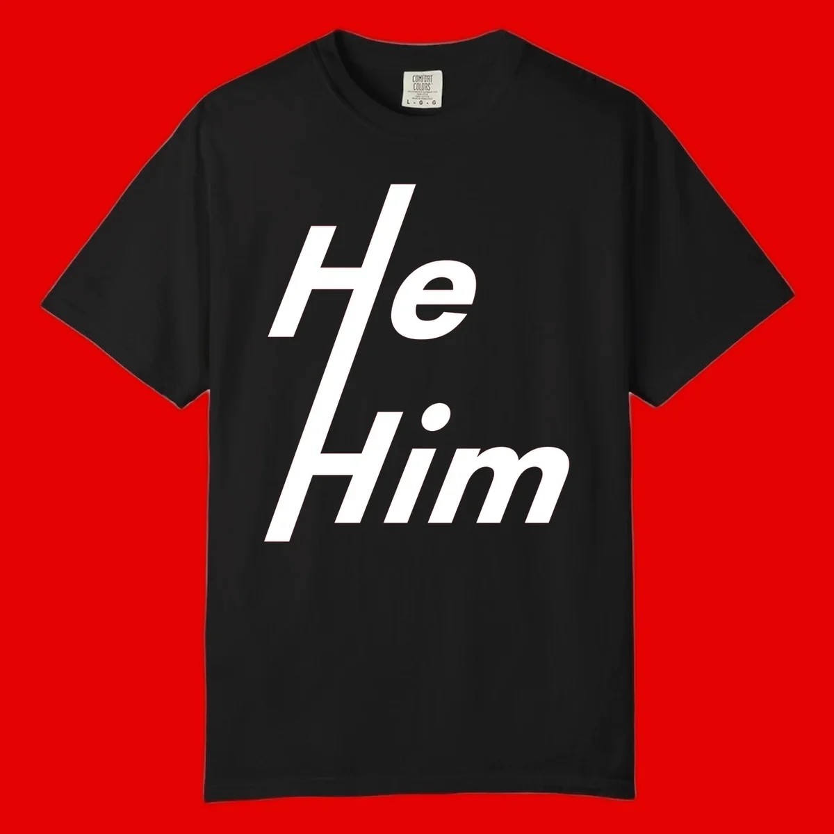 Minimalist design with hashtag symbol and 'e.Him' text in white on gray background, promoting he/him pronoun visibility and pride