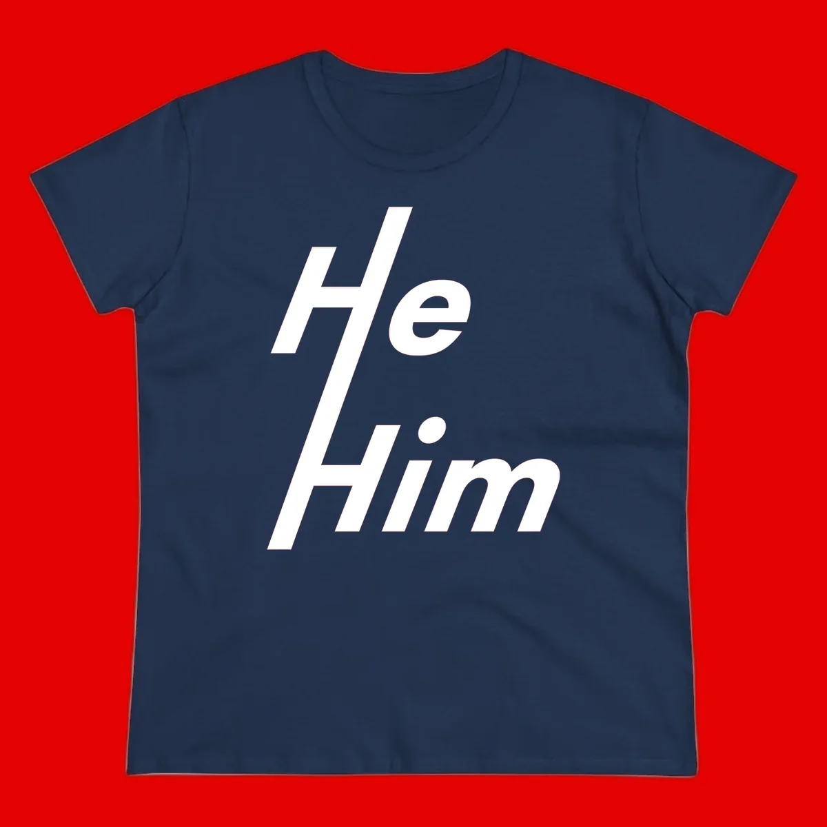 Minimalist design with hashtag symbol and 'e.Him' text in white on gray background, promoting he/him pronoun visibility and pride