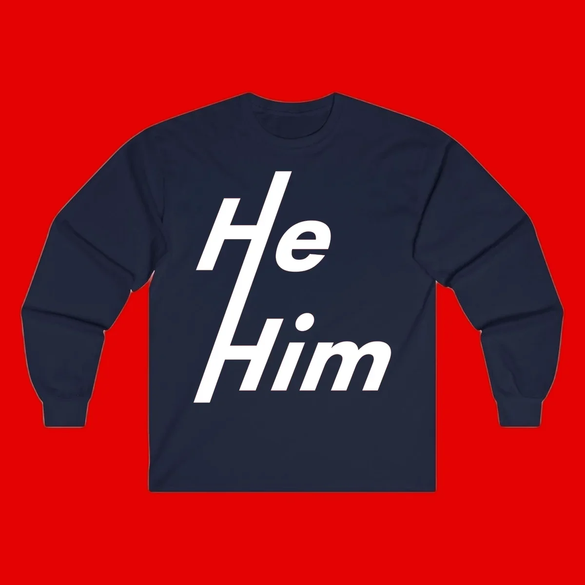 Minimalist design with hashtag symbol and 'e.Him' text in white on gray background, promoting he/him pronoun visibility and pride