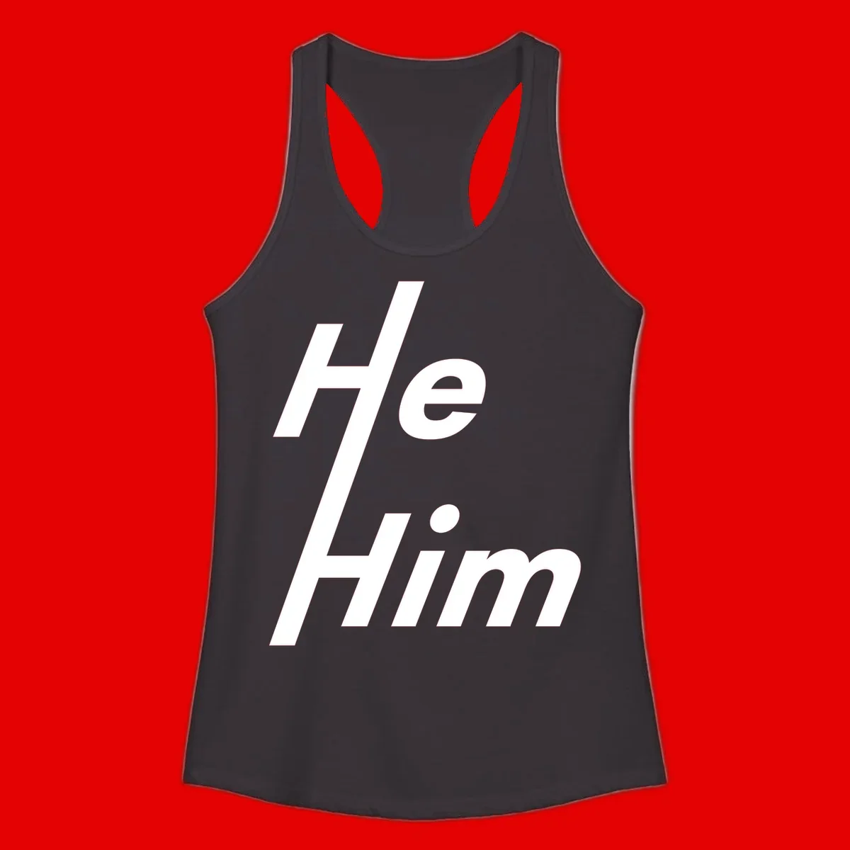 Minimalist design with hashtag symbol and 'e.Him' text in white on gray background, promoting he/him pronoun visibility and pride