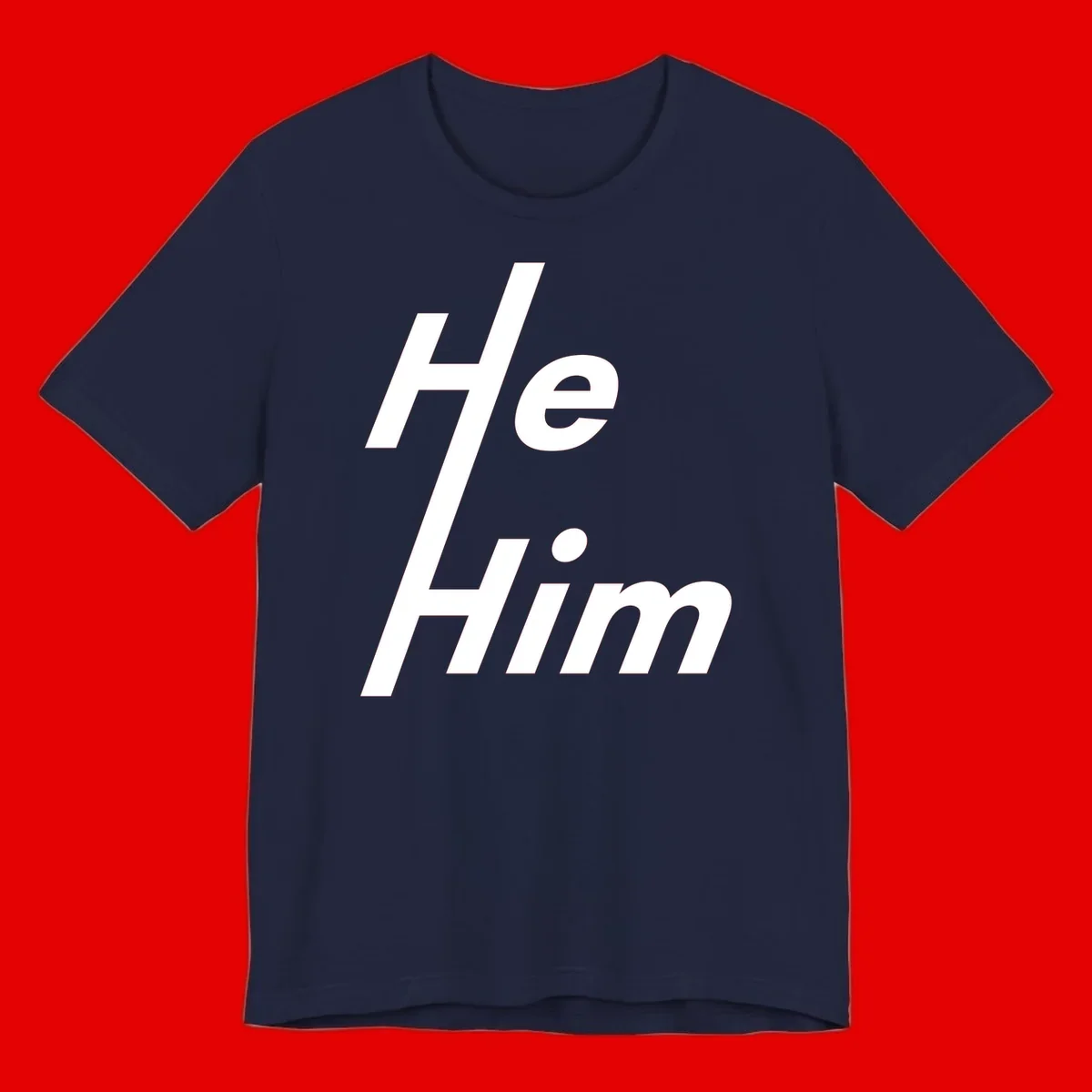 Minimalist design with hashtag symbol and 'e.Him' text in white on gray background, promoting he/him pronoun visibility and pride