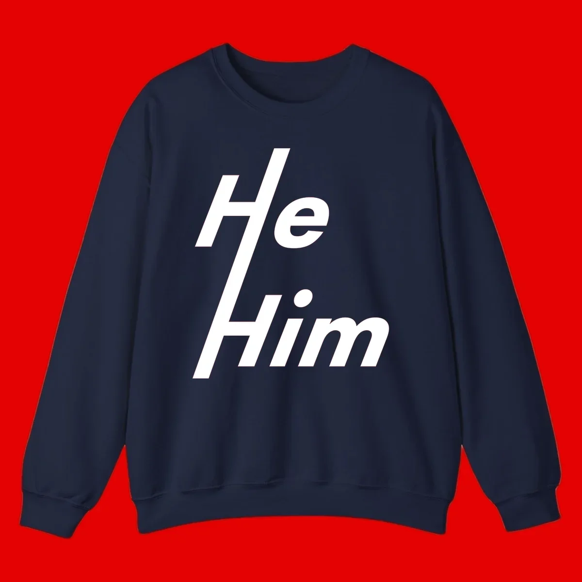 Minimalist design with hashtag symbol and 'e.Him' text in white on gray background, promoting he/him pronoun visibility and pride