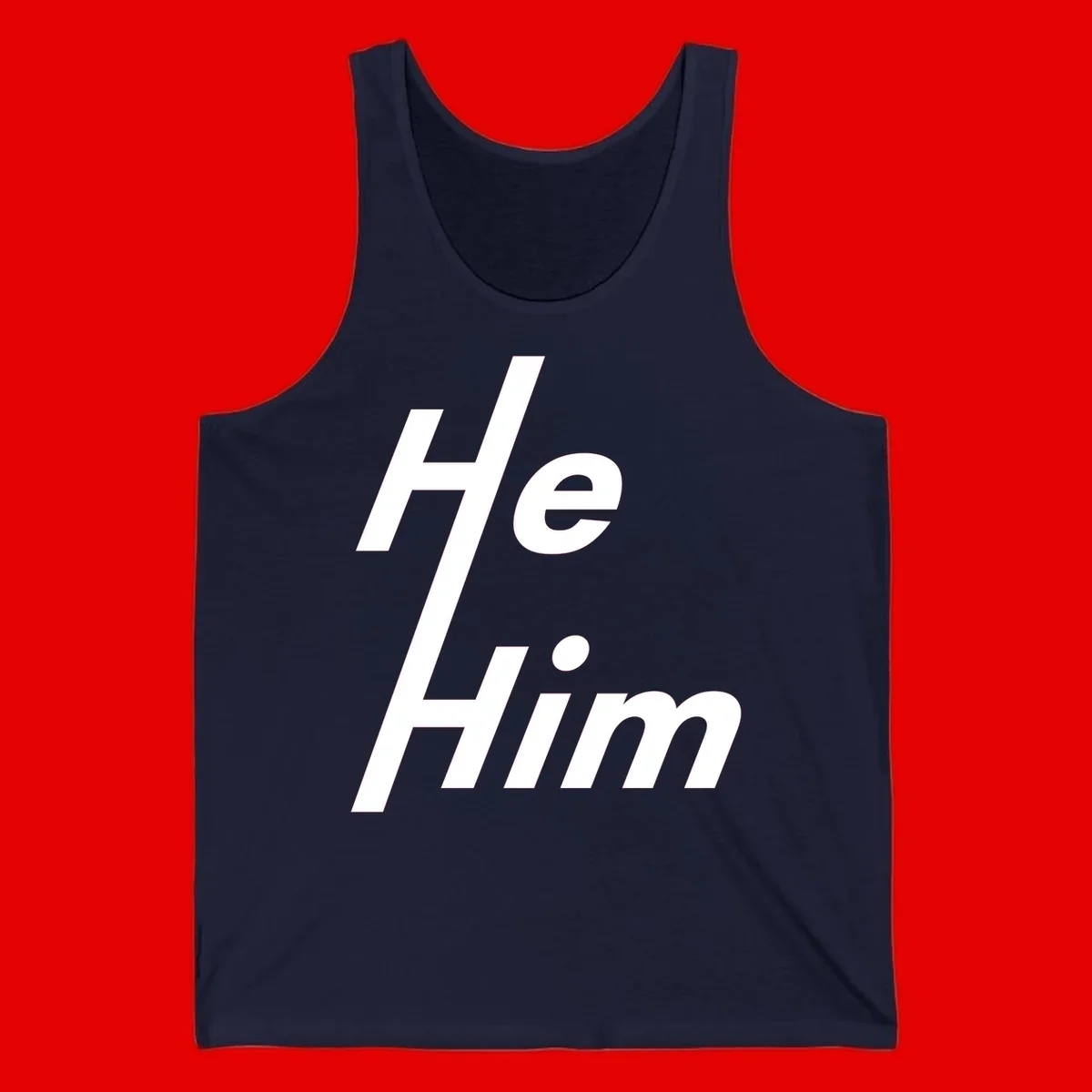 Minimalist design with hashtag symbol and 'e.Him' text in white on gray background, promoting he/him pronoun visibility and pride