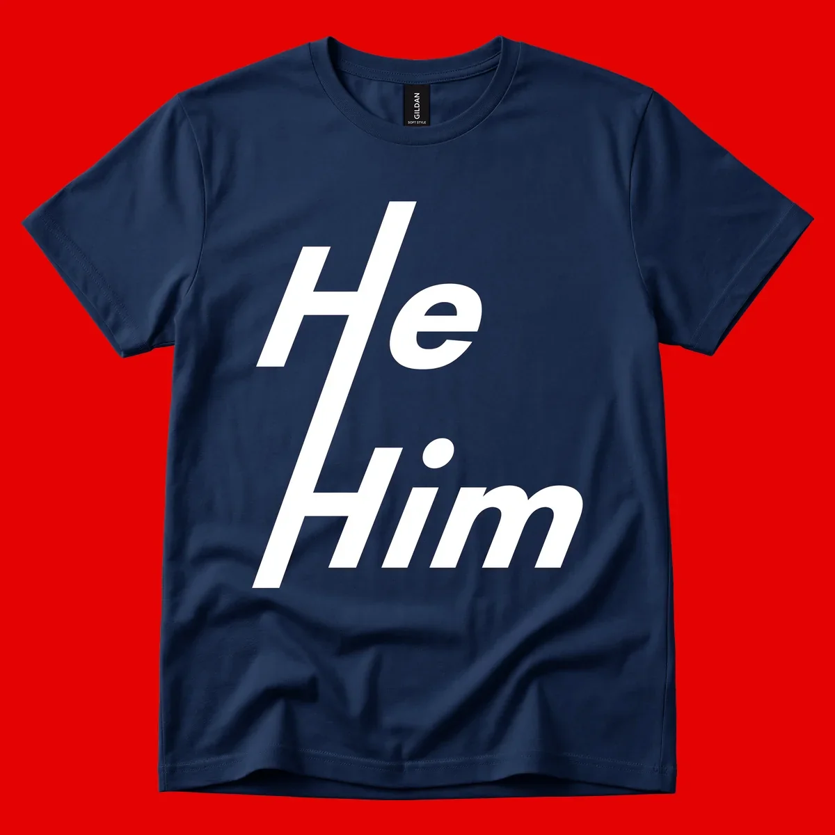 Minimalist design with hashtag symbol and 'e.Him' text in white on gray background, promoting he/him pronoun visibility and pride