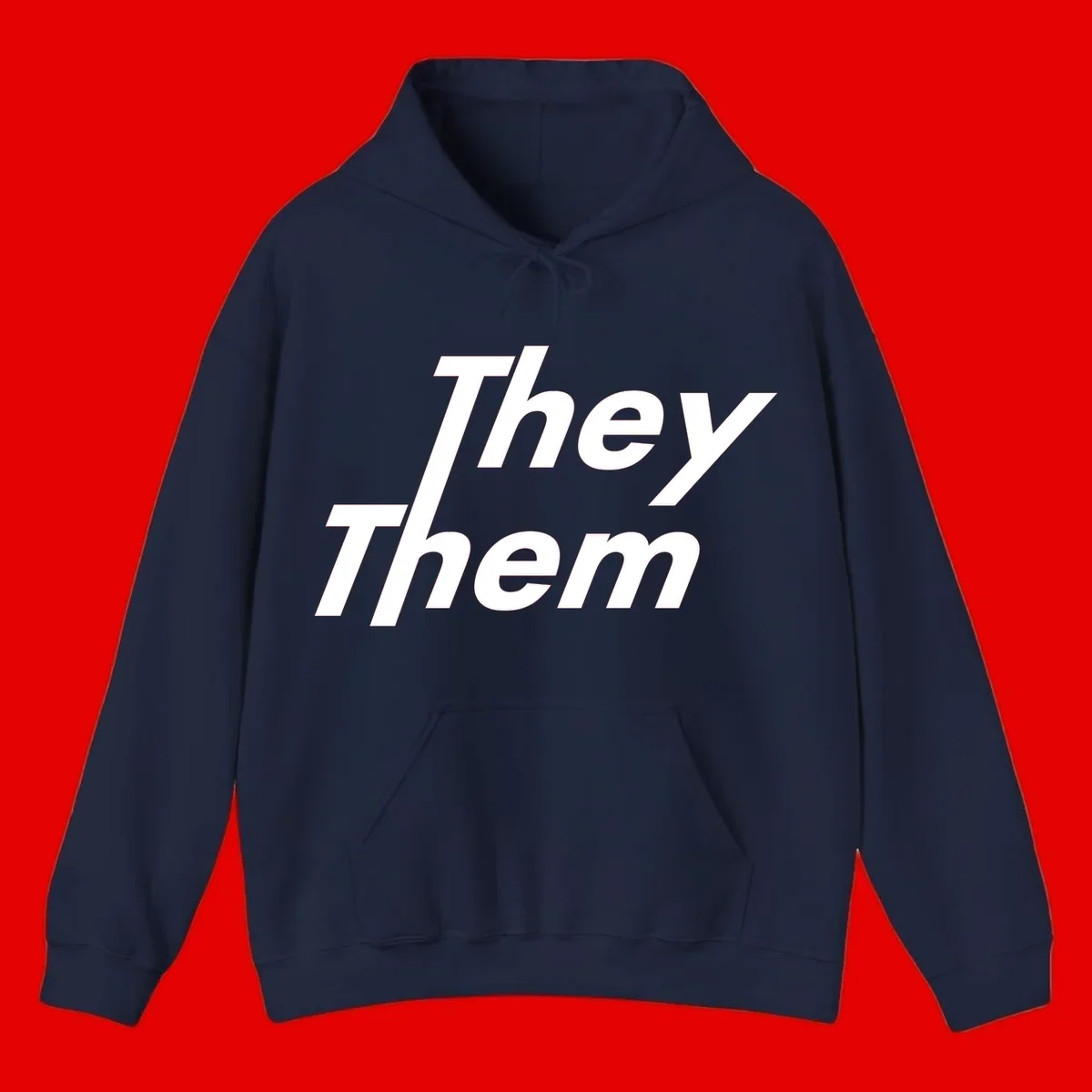 White italicized text reading 'they them' stacked vertically on gray background, pronoun pride design