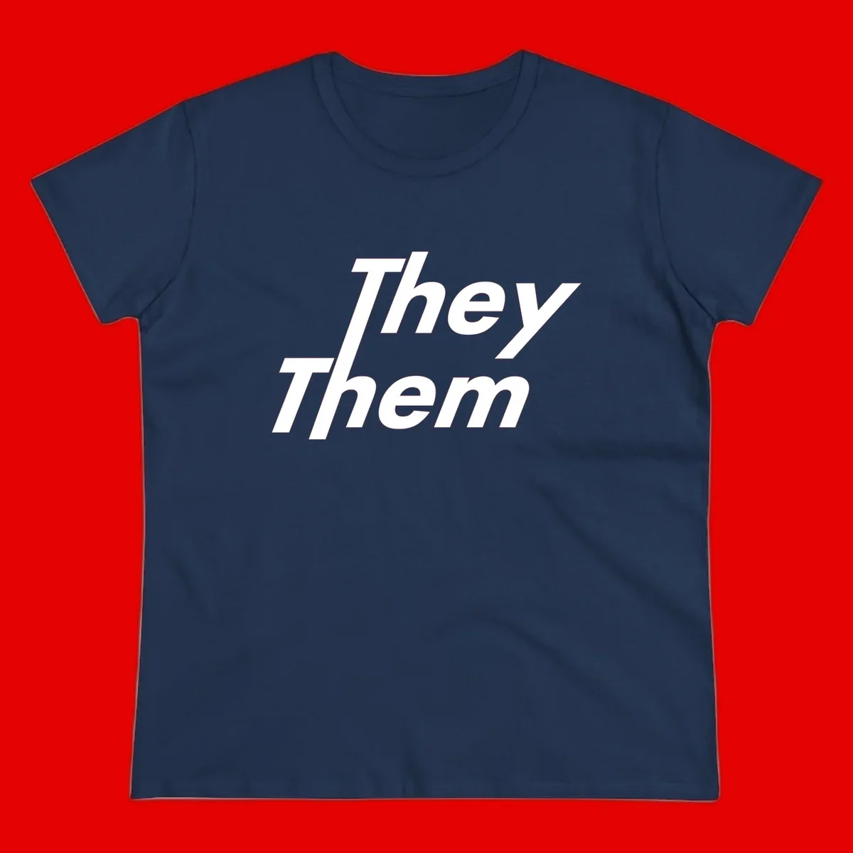 White italicized text reading 'they them' stacked vertically on gray background, pronoun pride design
