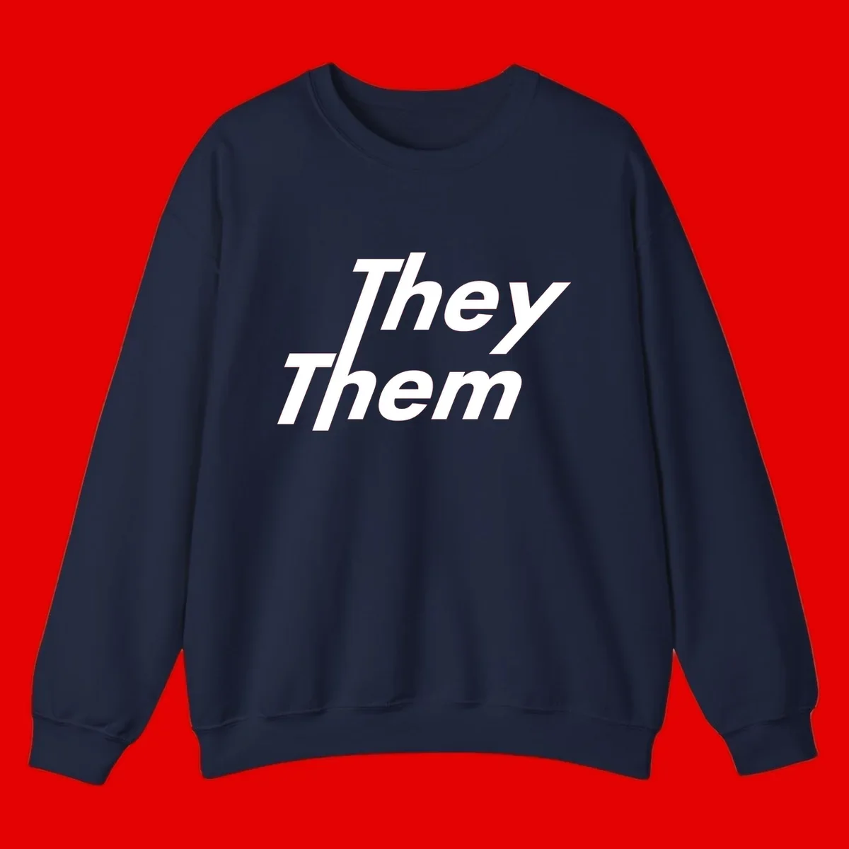 White italicized text reading 'they them' stacked vertically on gray background, pronoun pride design