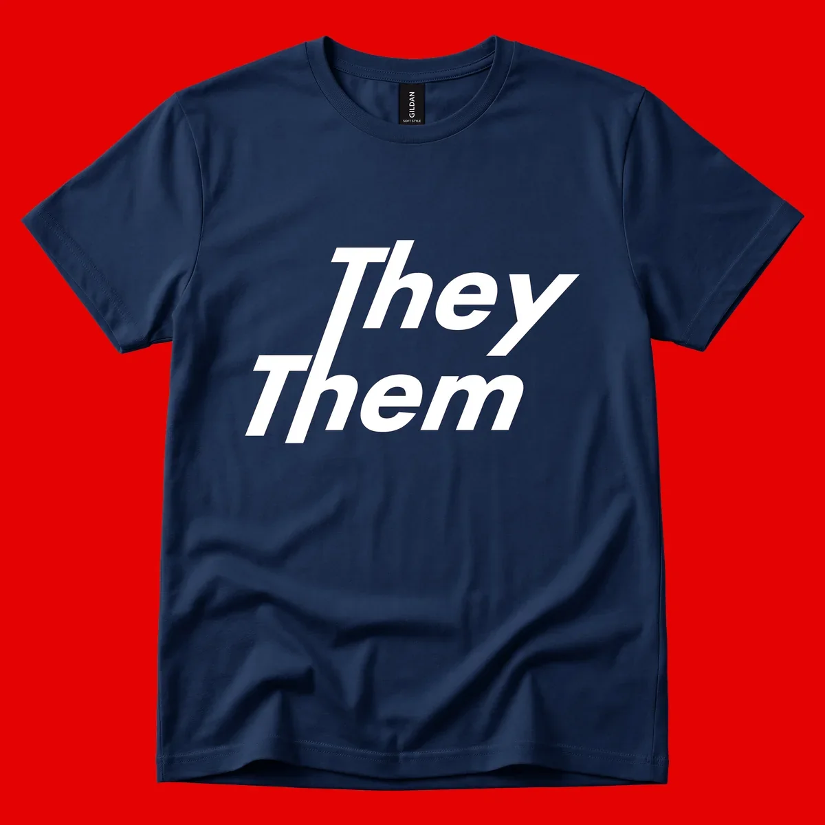 White italicized text reading 'they them' stacked vertically on gray background, pronoun pride design