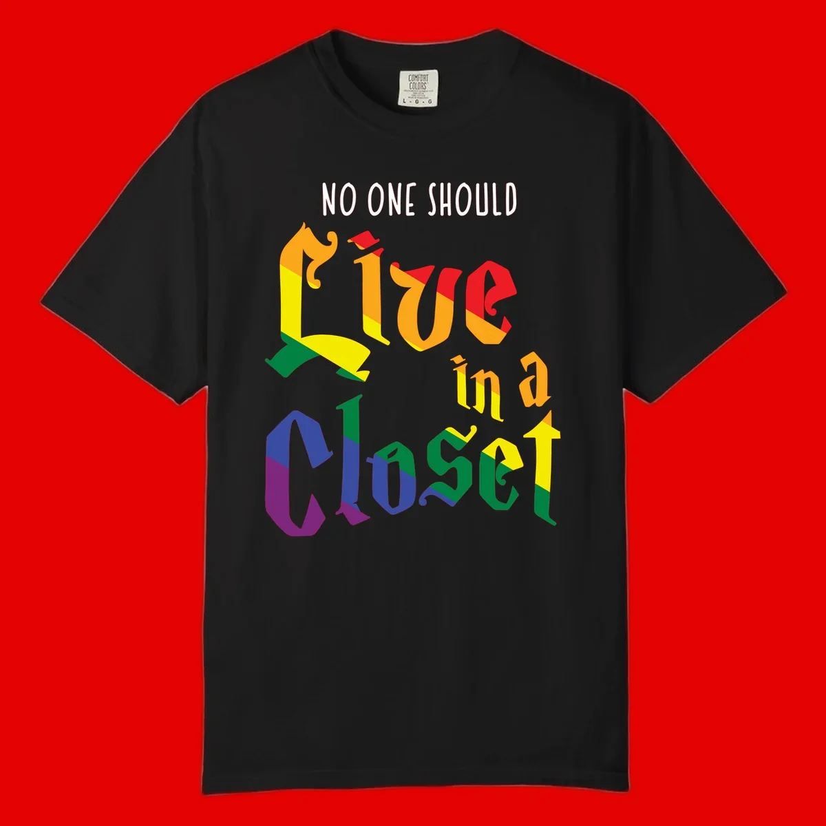 Rainbow gradient text reading 'NO ONE SHOULD LIVE IN A CLOSET' in bold, dimensional letters featuring pride flag colors on gray background