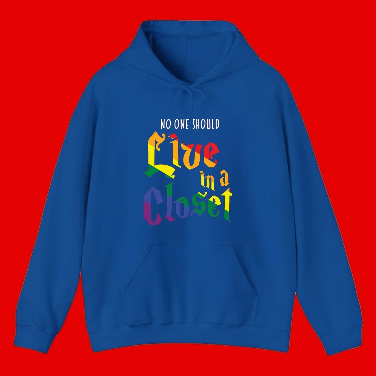 Rainbow gradient text reading 'NO ONE SHOULD LIVE IN A CLOSET' in bold, dimensional letters featuring pride flag colors on gray background