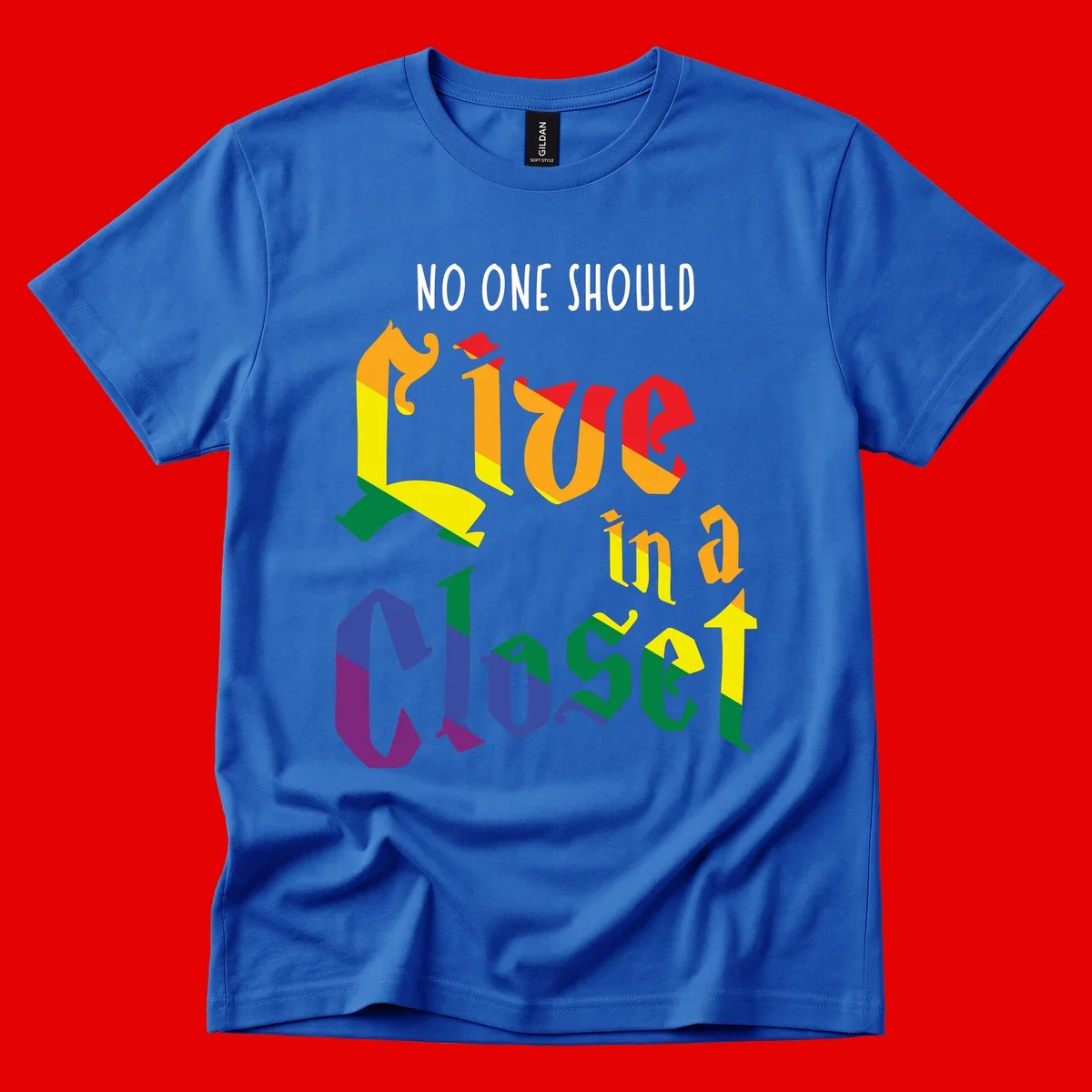 Rainbow gradient text reading 'NO ONE SHOULD LIVE IN A CLOSET' in bold, dimensional letters featuring pride flag colors on gray background