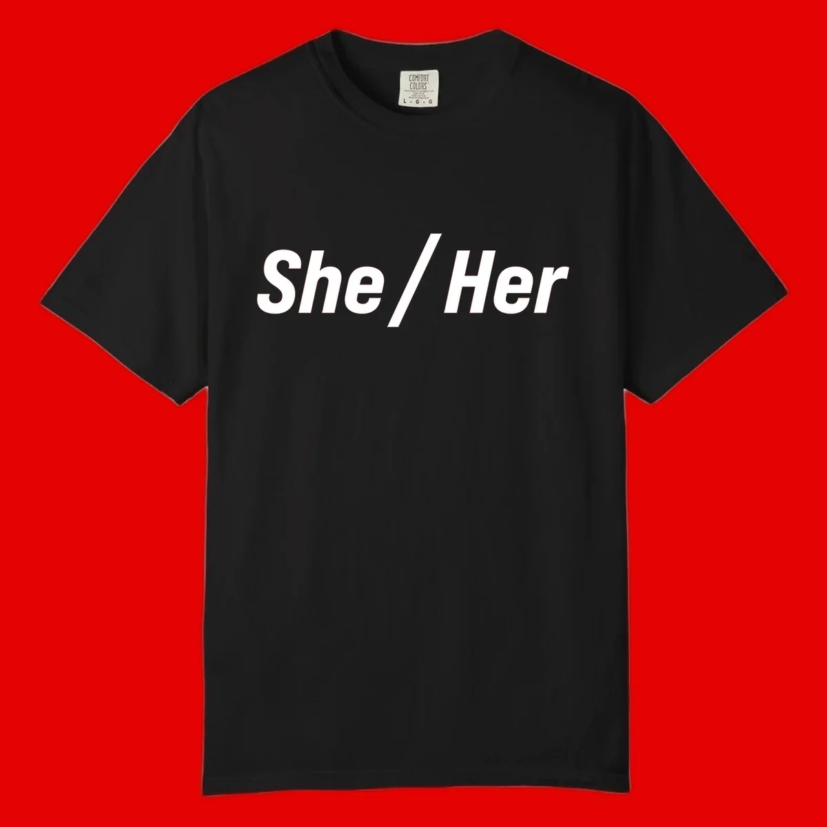 White text reading 'She / Her' in bold sans-serif font on gray background, pronoun statement design