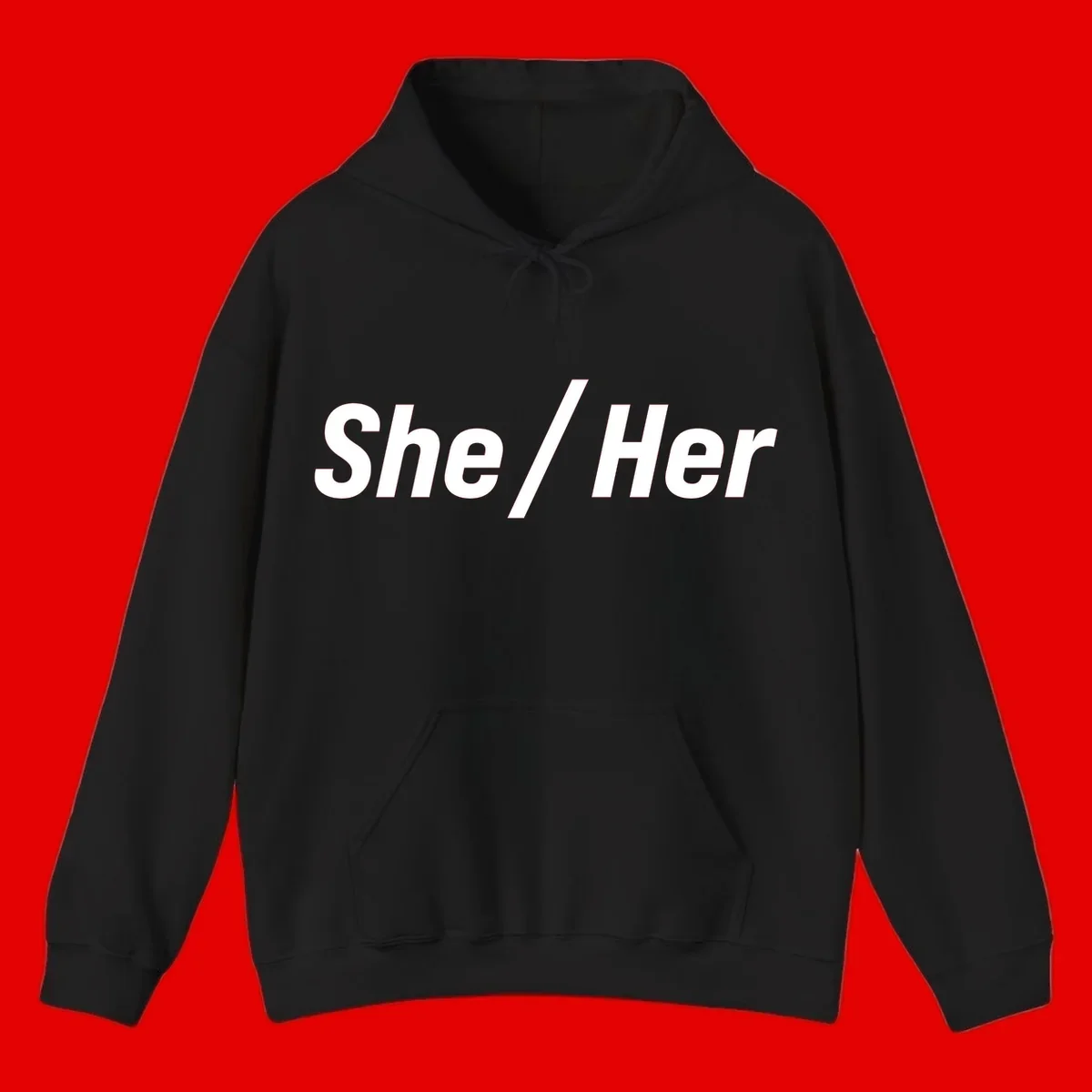 White text reading 'She / Her' in bold sans-serif font on gray background, pronoun statement design
