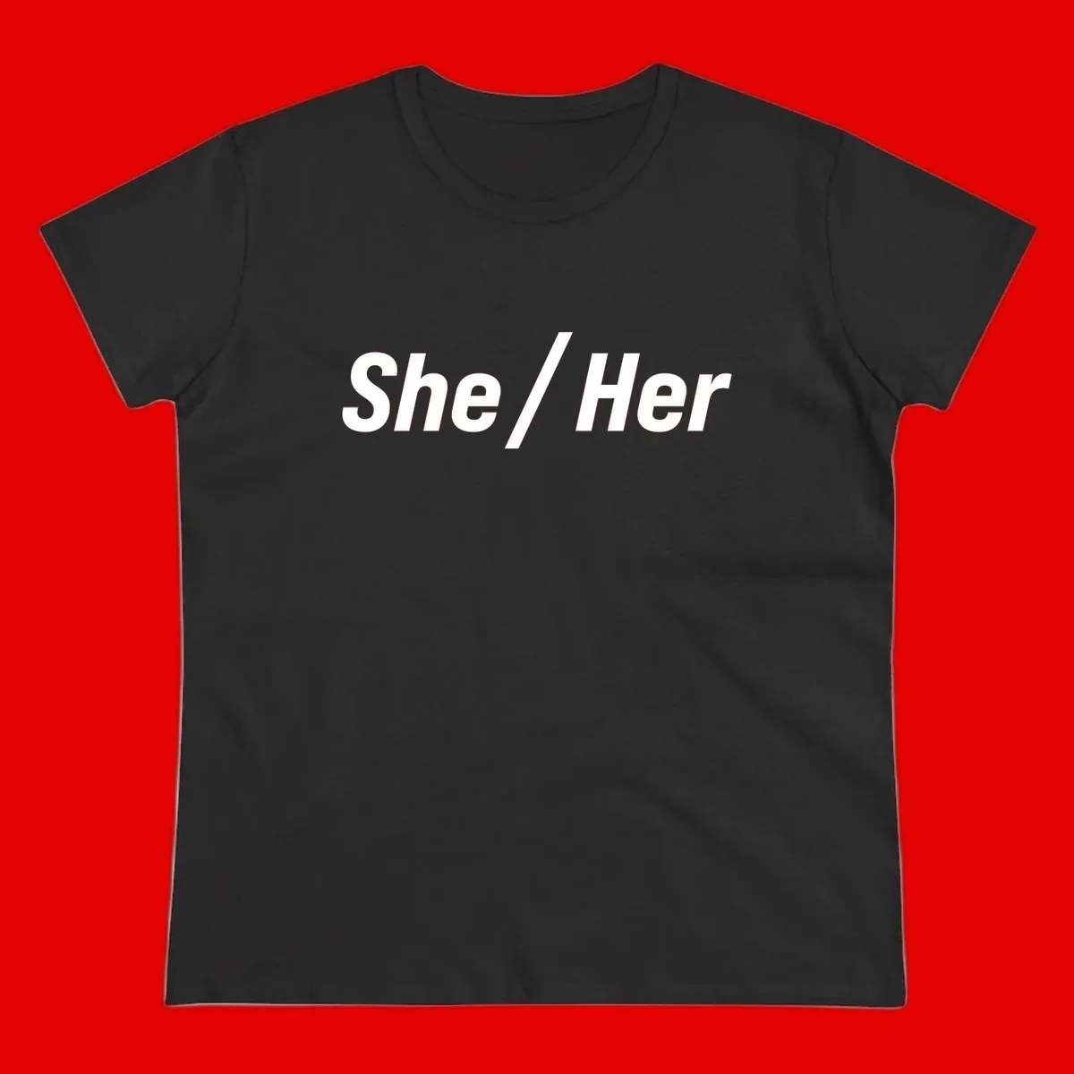 White text reading 'She / Her' in bold sans-serif font on gray background, pronoun statement design