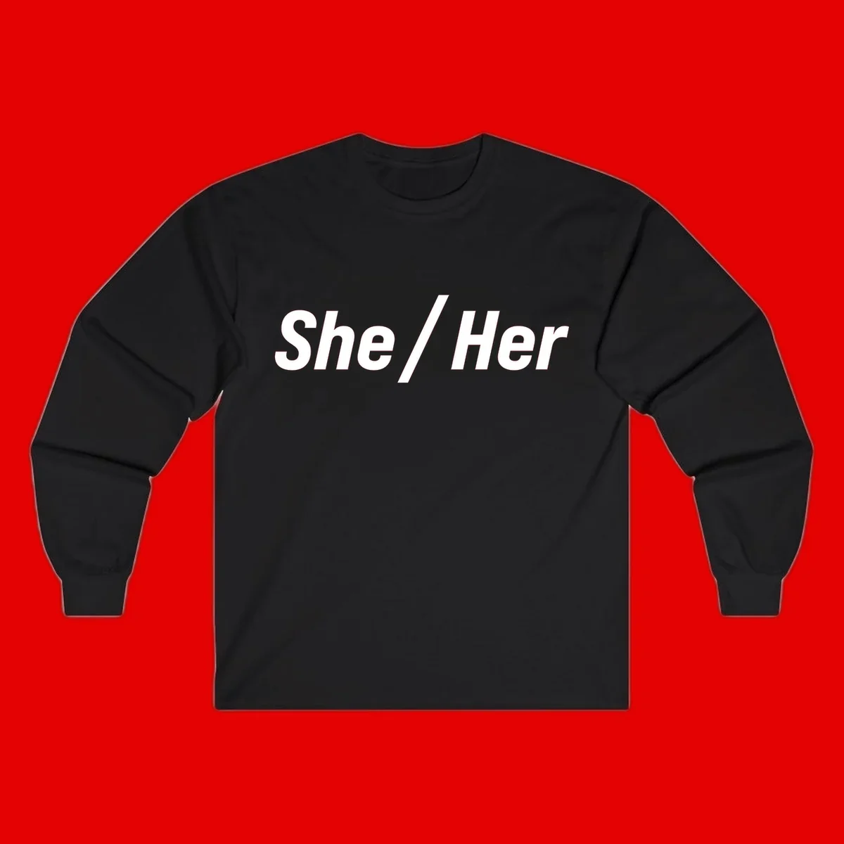 White text reading 'She / Her' in bold sans-serif font on gray background, pronoun statement design