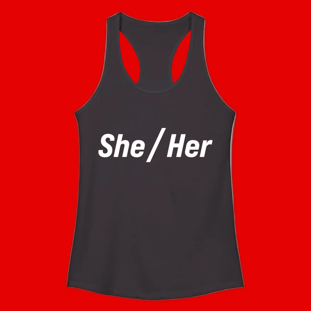 White text reading 'She / Her' in bold sans-serif font on gray background, pronoun statement design