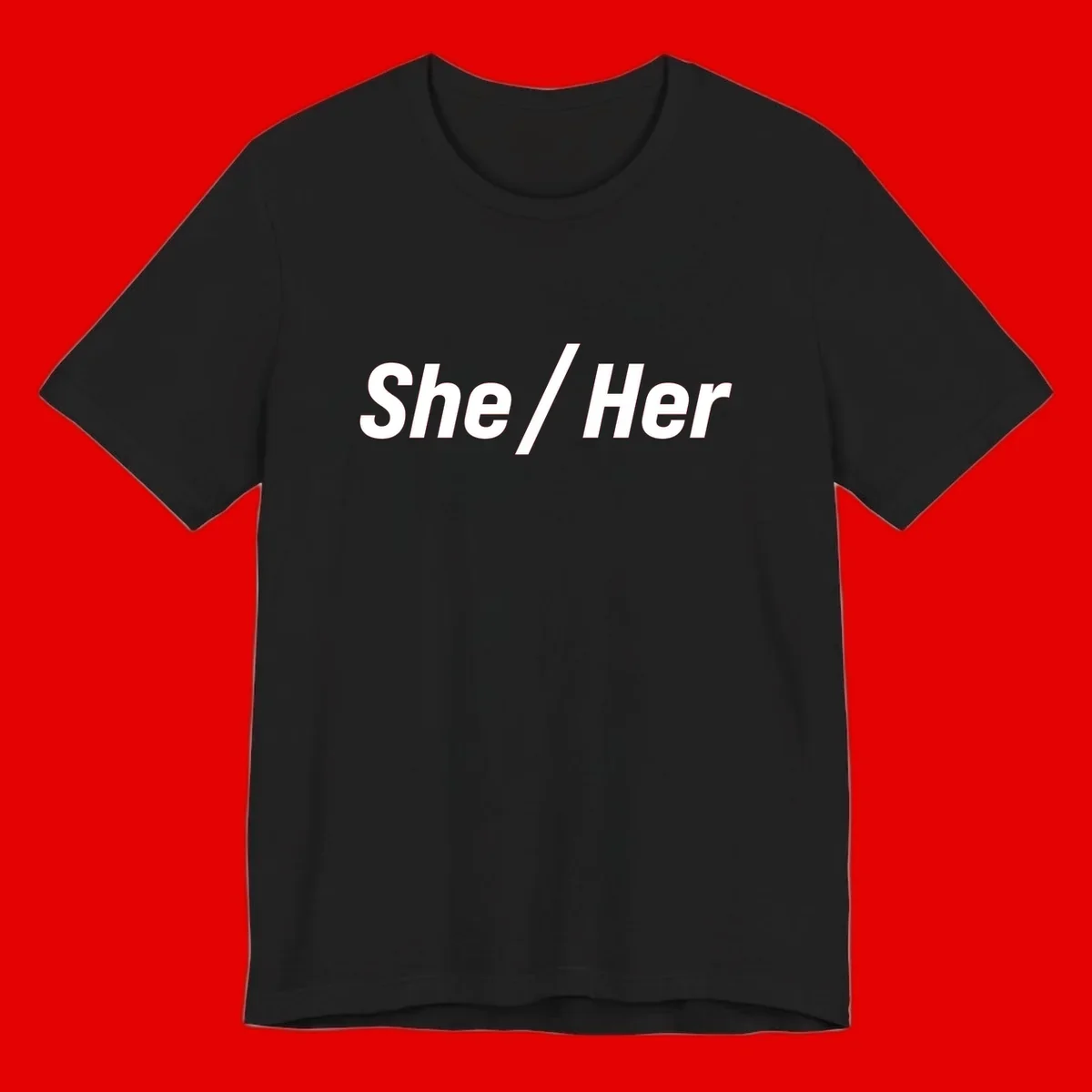 White text reading 'She / Her' in bold sans-serif font on gray background, pronoun statement design