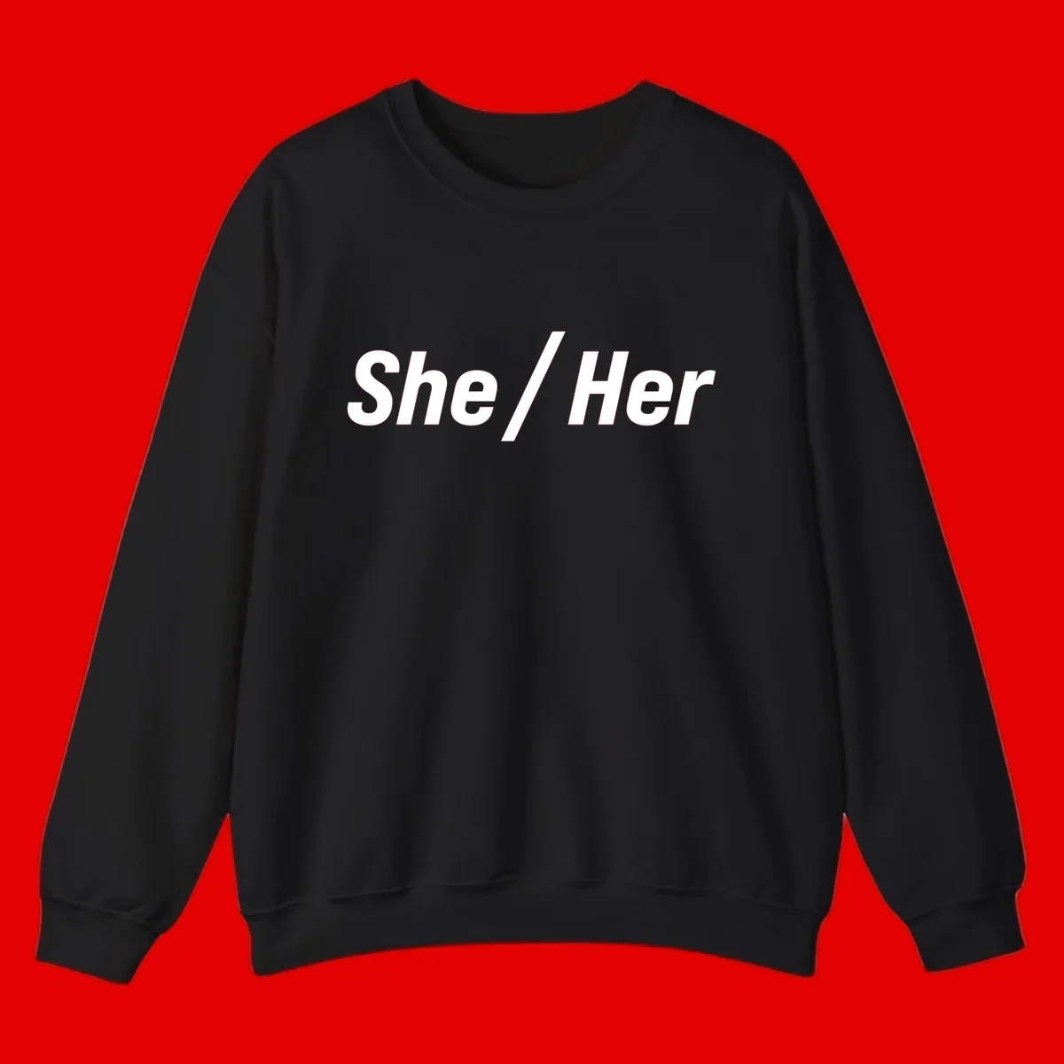 White text reading 'She / Her' in bold sans-serif font on gray background, pronoun statement design