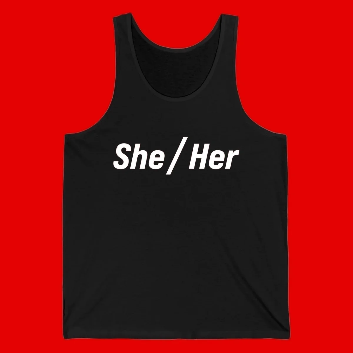 White text reading 'She / Her' in bold sans-serif font on gray background, pronoun statement design