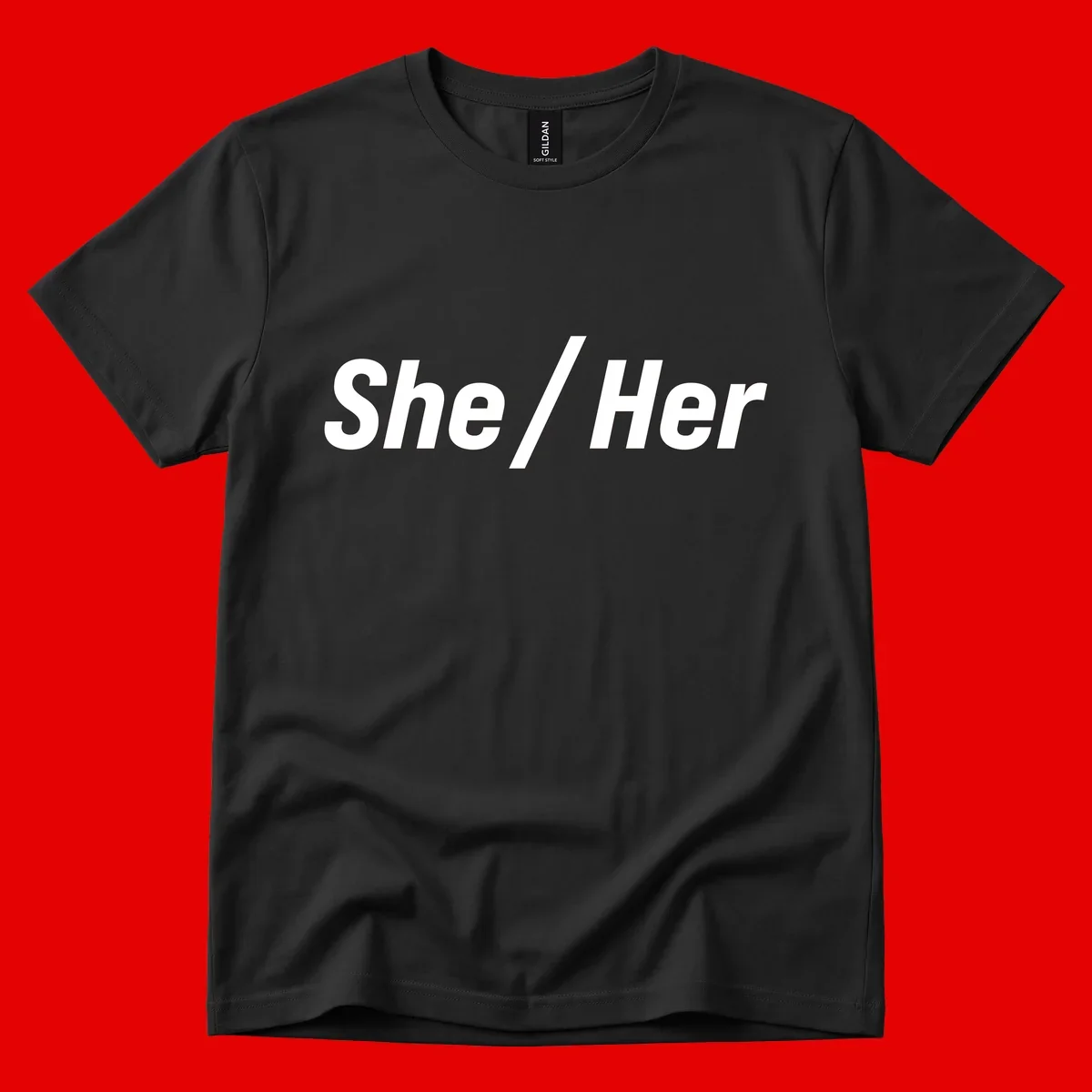 White text reading 'She / Her' in bold sans-serif font on gray background, pronoun statement design