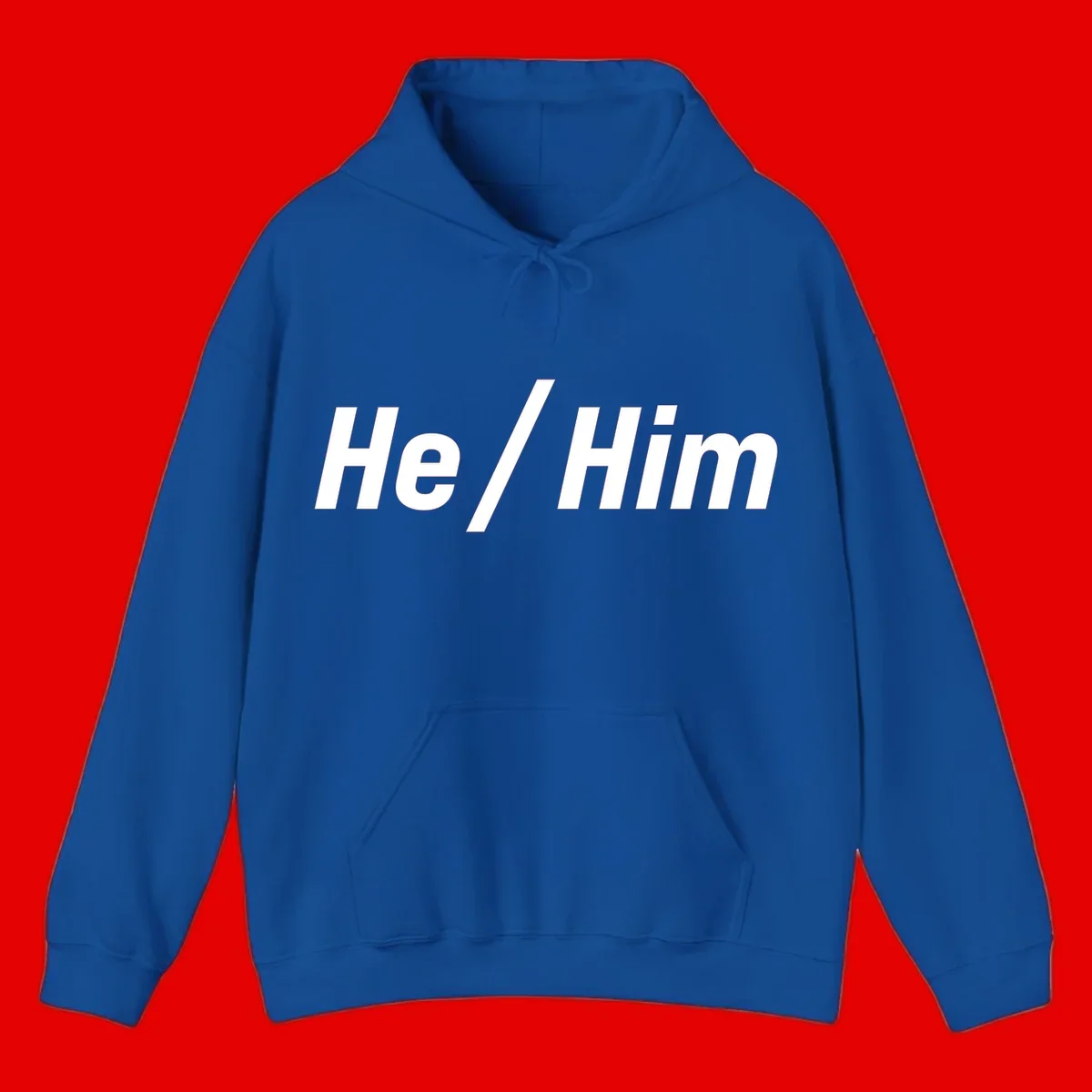 Bold white text reading 'He / Him' with forward slash on gray background for pronoun pride awareness