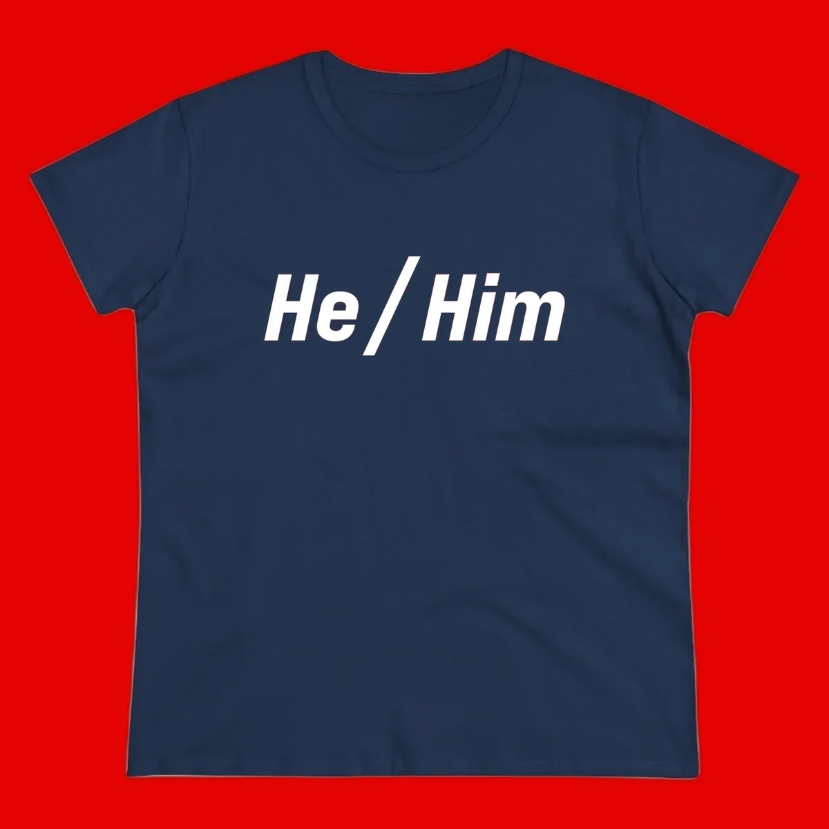 Bold white text reading 'He / Him' with forward slash on gray background for pronoun pride awareness