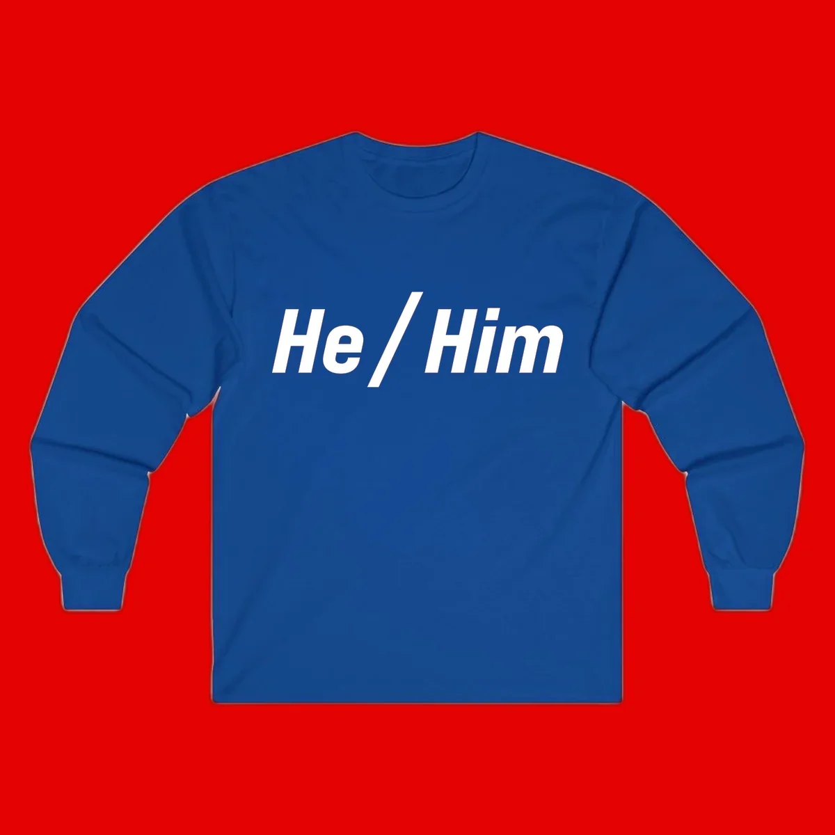 Bold white text reading 'He / Him' with forward slash on gray background for pronoun pride awareness