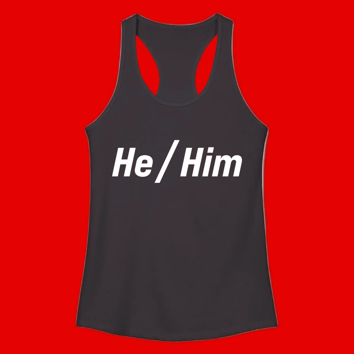 Bold white text reading 'He / Him' with forward slash on gray background for pronoun pride awareness