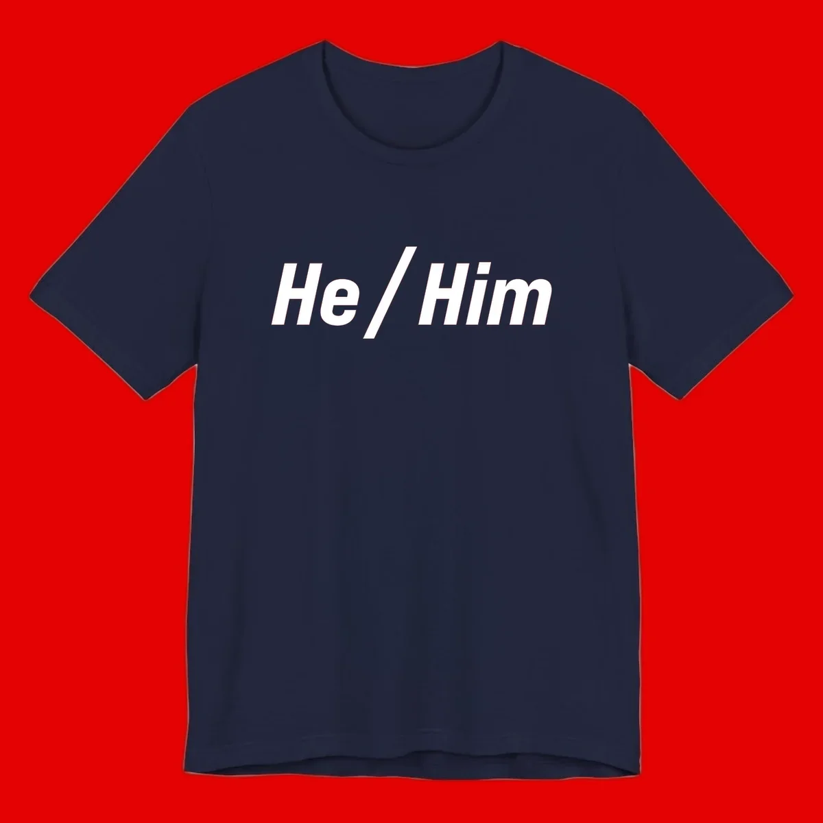 Bold white text reading 'He / Him' with forward slash on gray background for pronoun pride awareness
