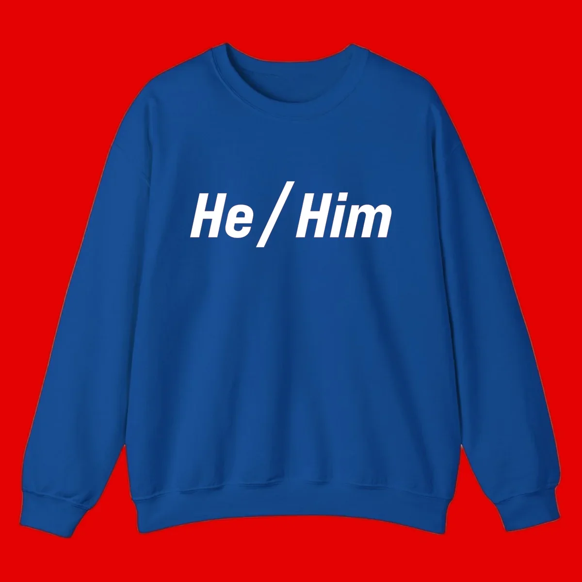 Bold white text reading 'He / Him' with forward slash on gray background for pronoun pride awareness