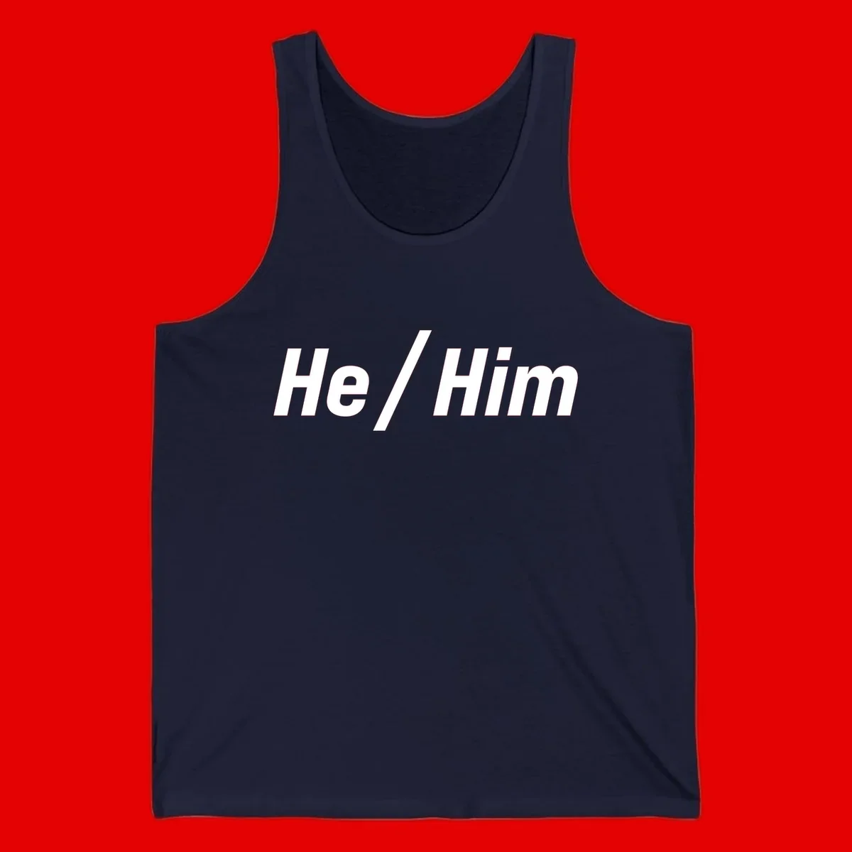 Bold white text reading 'He / Him' with forward slash on gray background for pronoun pride awareness