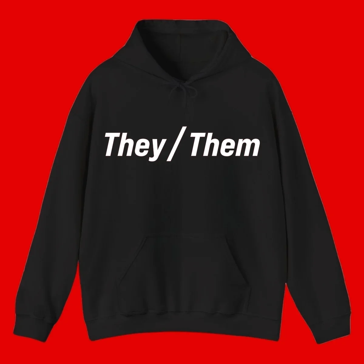 Bold white text reading 'They / Them' on gray background, a minimalist pronoun statement design