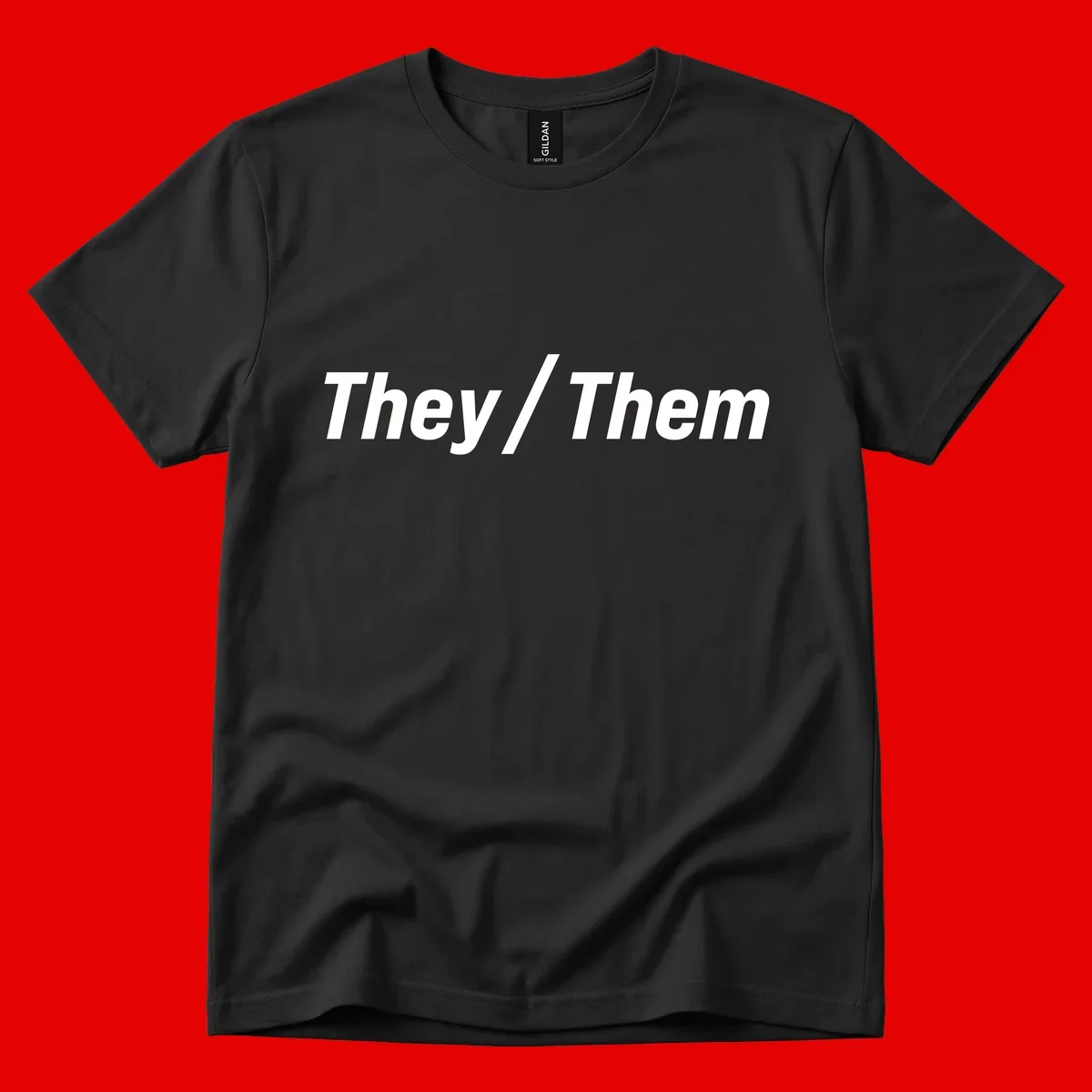 Bold white text reading 'They / Them' on gray background, a minimalist pronoun statement design