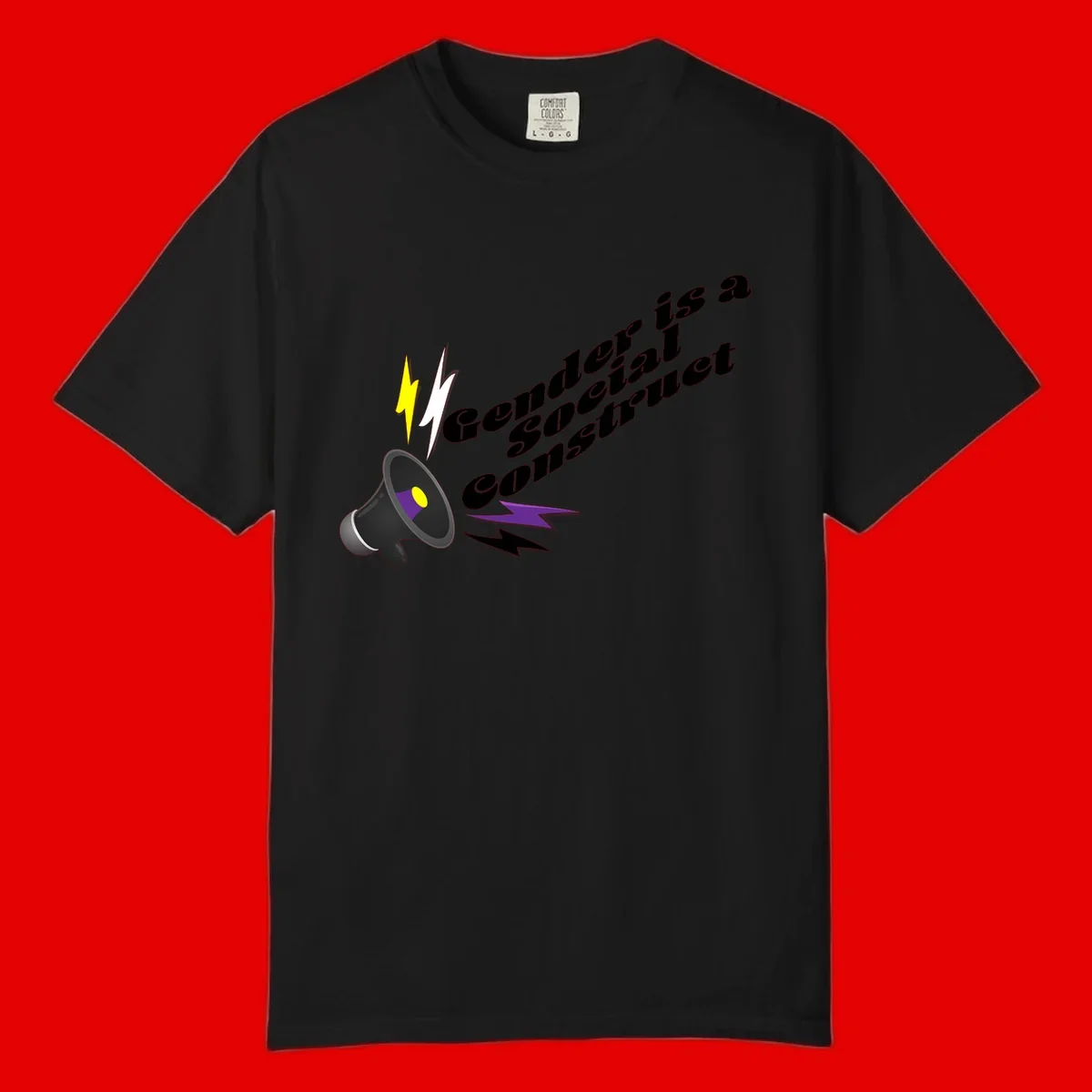 Megaphone with yellow and purple sound waves and lightning bolts next to text reading 'Comedian Special Announcement' in italicized black lettering on gray background