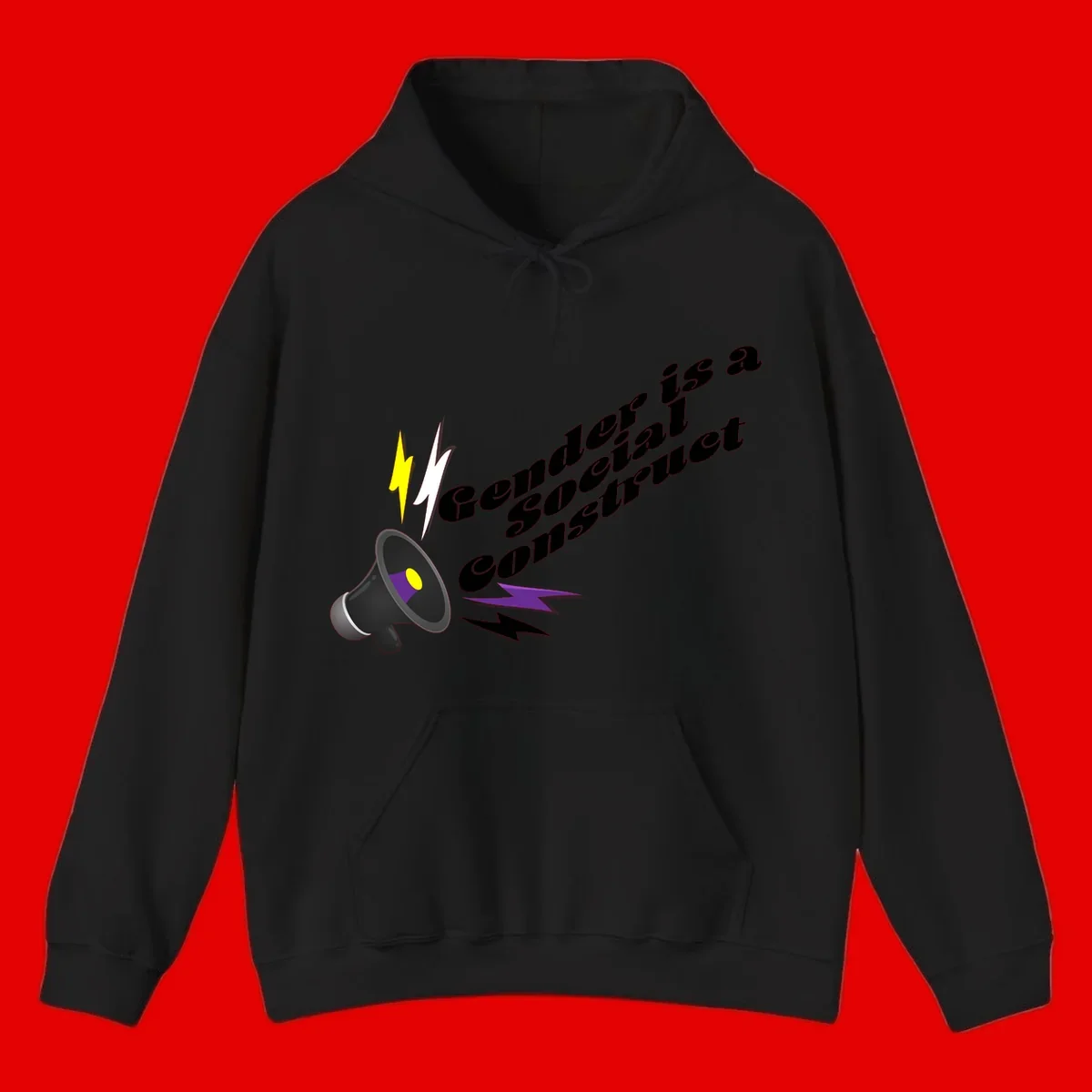 Megaphone with yellow and purple sound waves and lightning bolts next to text reading 'Comedian Special Announcement' in italicized black lettering on gray background