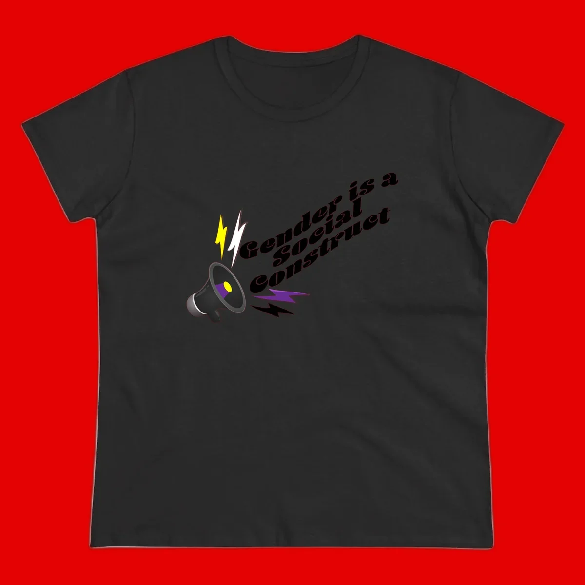 Megaphone with yellow and purple sound waves and lightning bolts next to text reading 'Comedian Special Announcement' in italicized black lettering on gray background